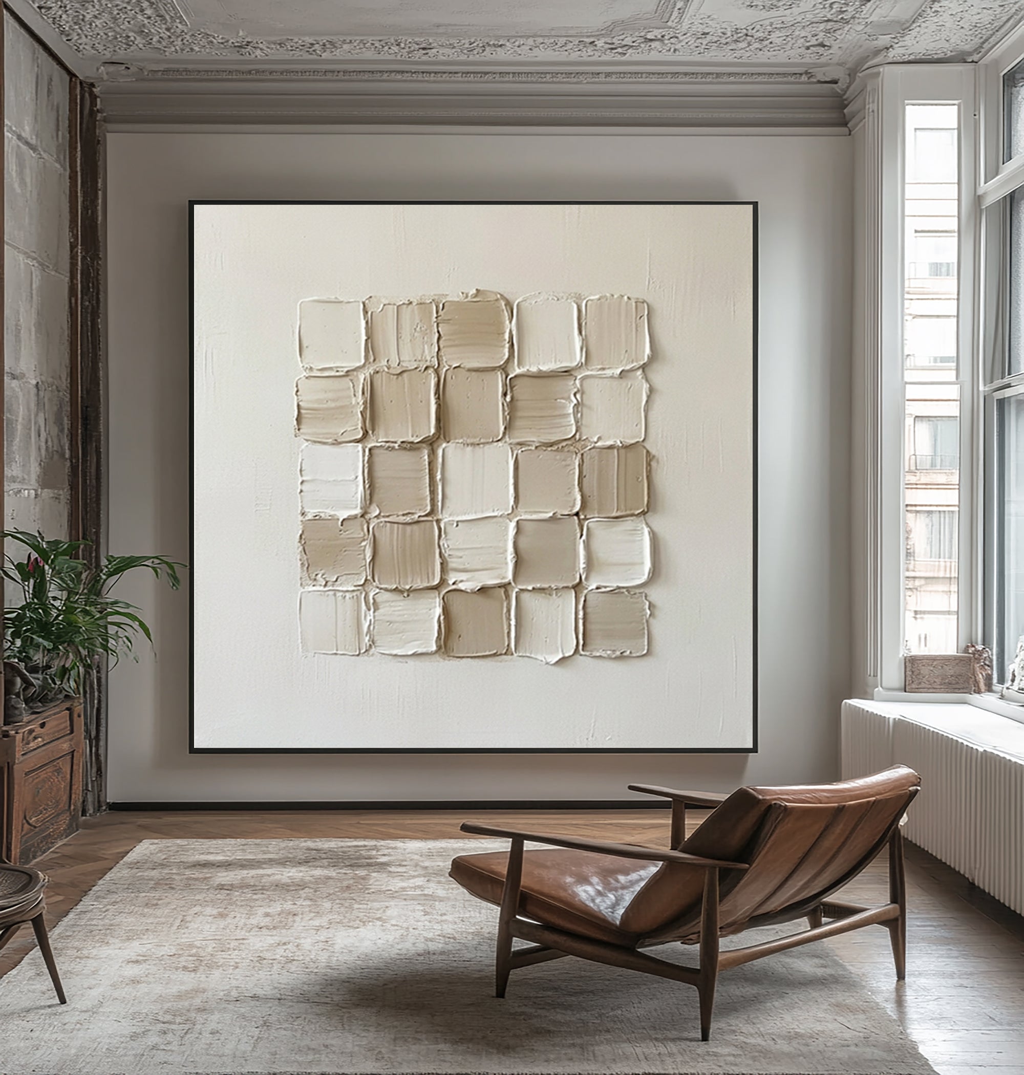 Large Ivory Grid Relief Wall Art Neutral Geometric Textured Painting  