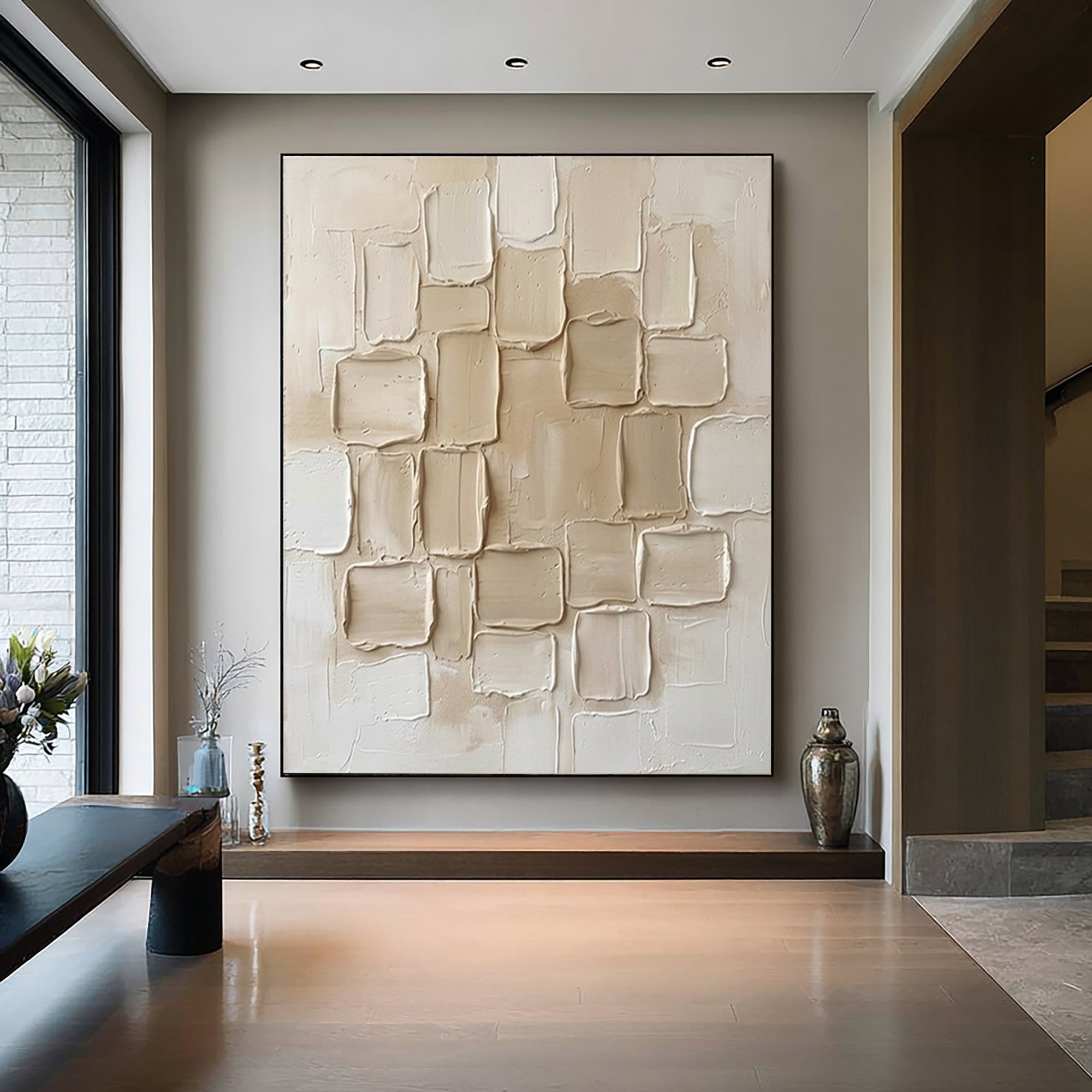 Large Cream Geometric Textured Wall Art Modern Neutral Canvas Decor