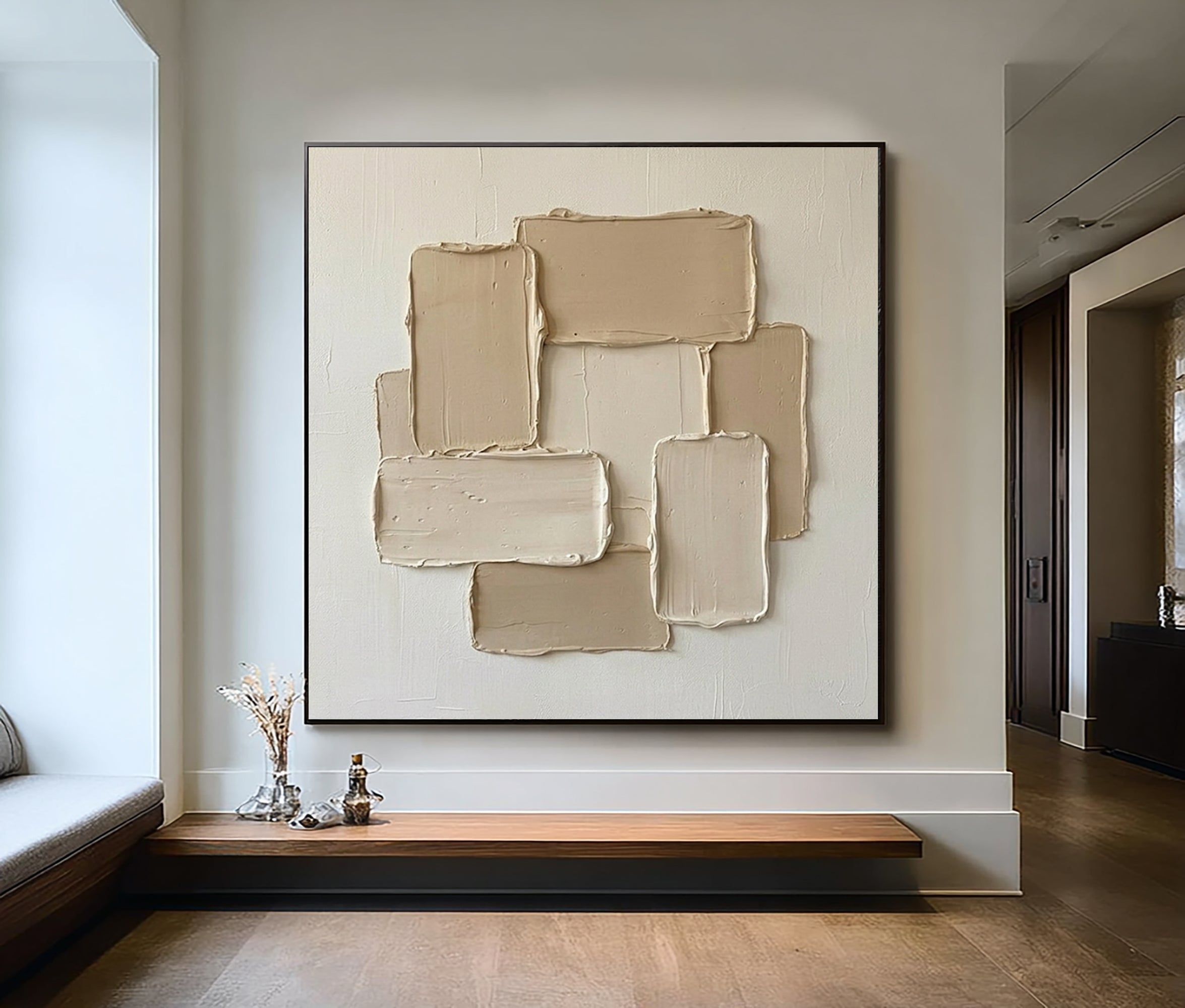 Large Neutral Geometric Oil Painting with Heavy Texture for Modern Wall Decor