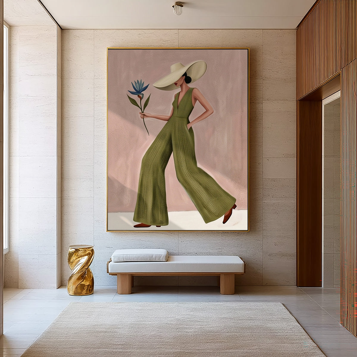 Fashion Woman Painting Green Jumpsuit Modern Wall Art