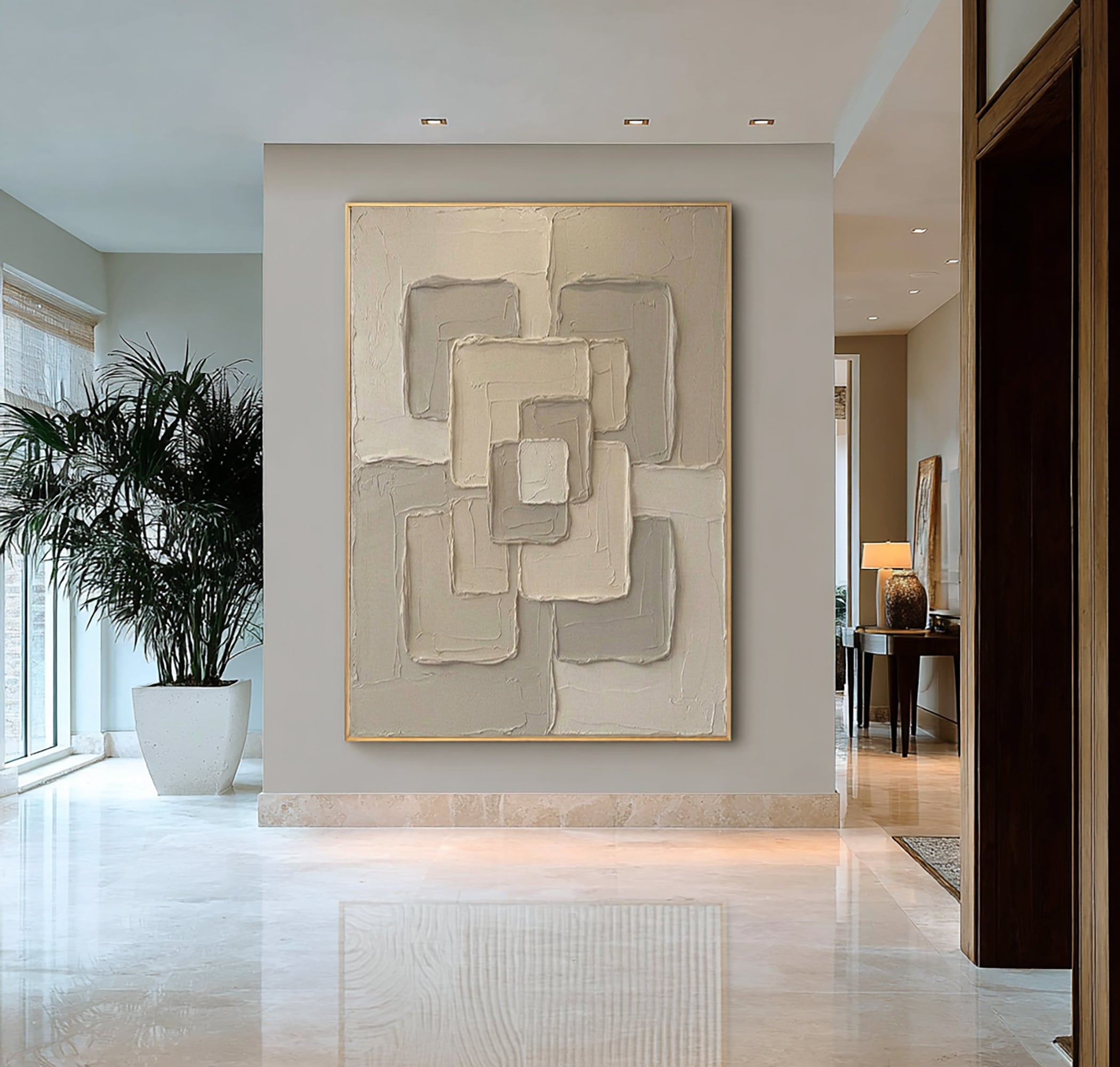 Large Neutral Interlocking Geometric Wall Art Textured Abstract Canvas 