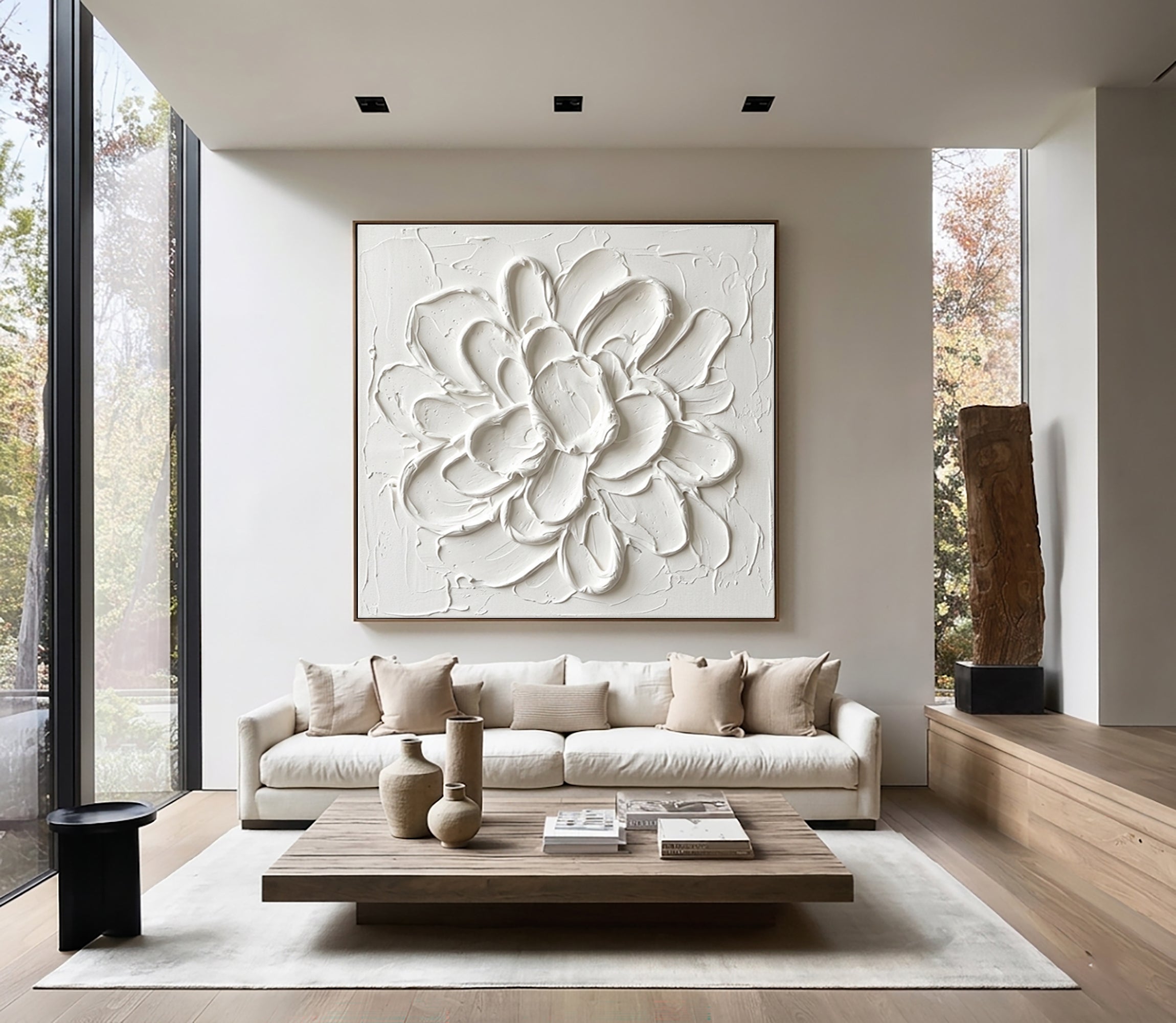 Large Blooming Relief Texture Canvas Art Contemporary Neutral Wall Decor