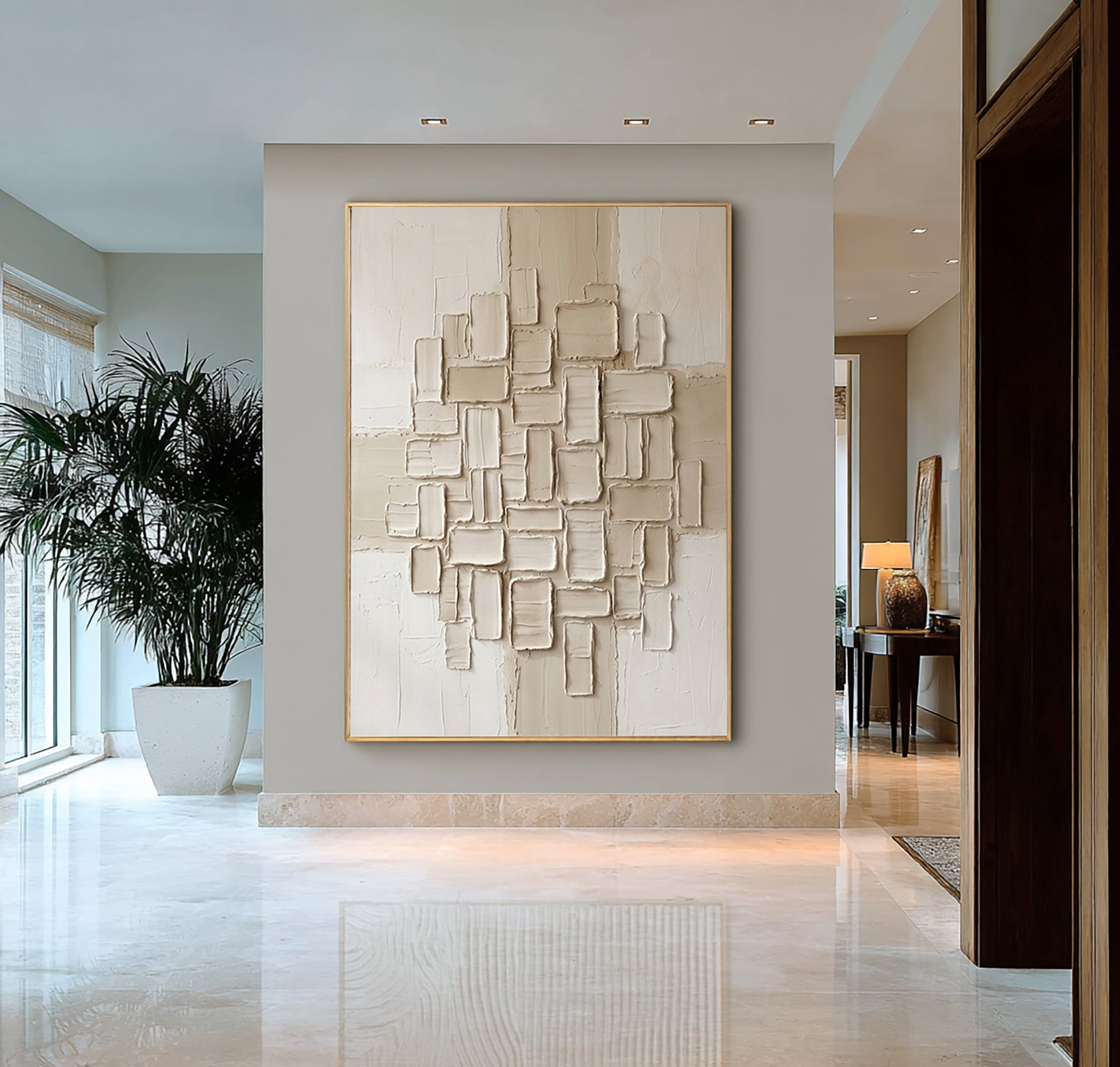 Large Contemporary Beige Texture Canvas Art with Sculptural Relief Design