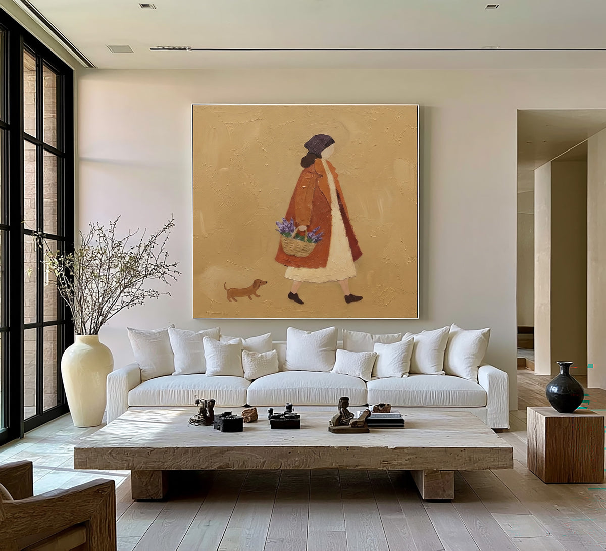 French Countryside Walk With A Companion Woman Dog Original Painting Rustic European Wall Art
