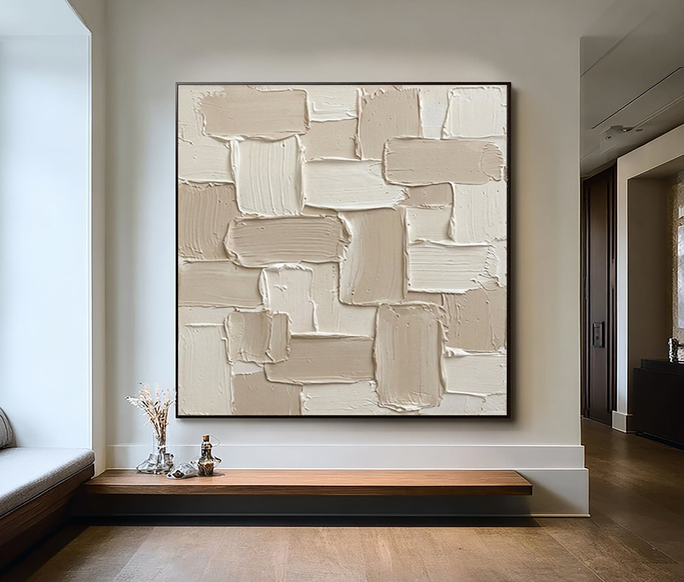 Large Geometric Patch Relief Wall Art Contemporary Neutral Textured Canvas Painting