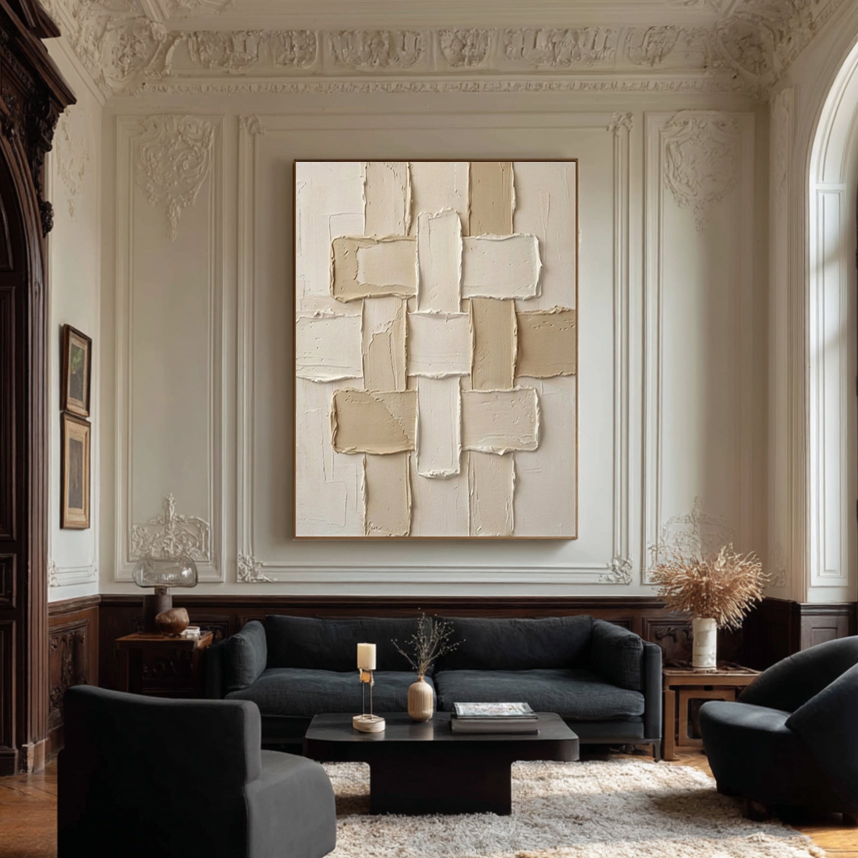 Large Neutral Interlocking Textured Canvas Art Modern Geometric Wall Decor 