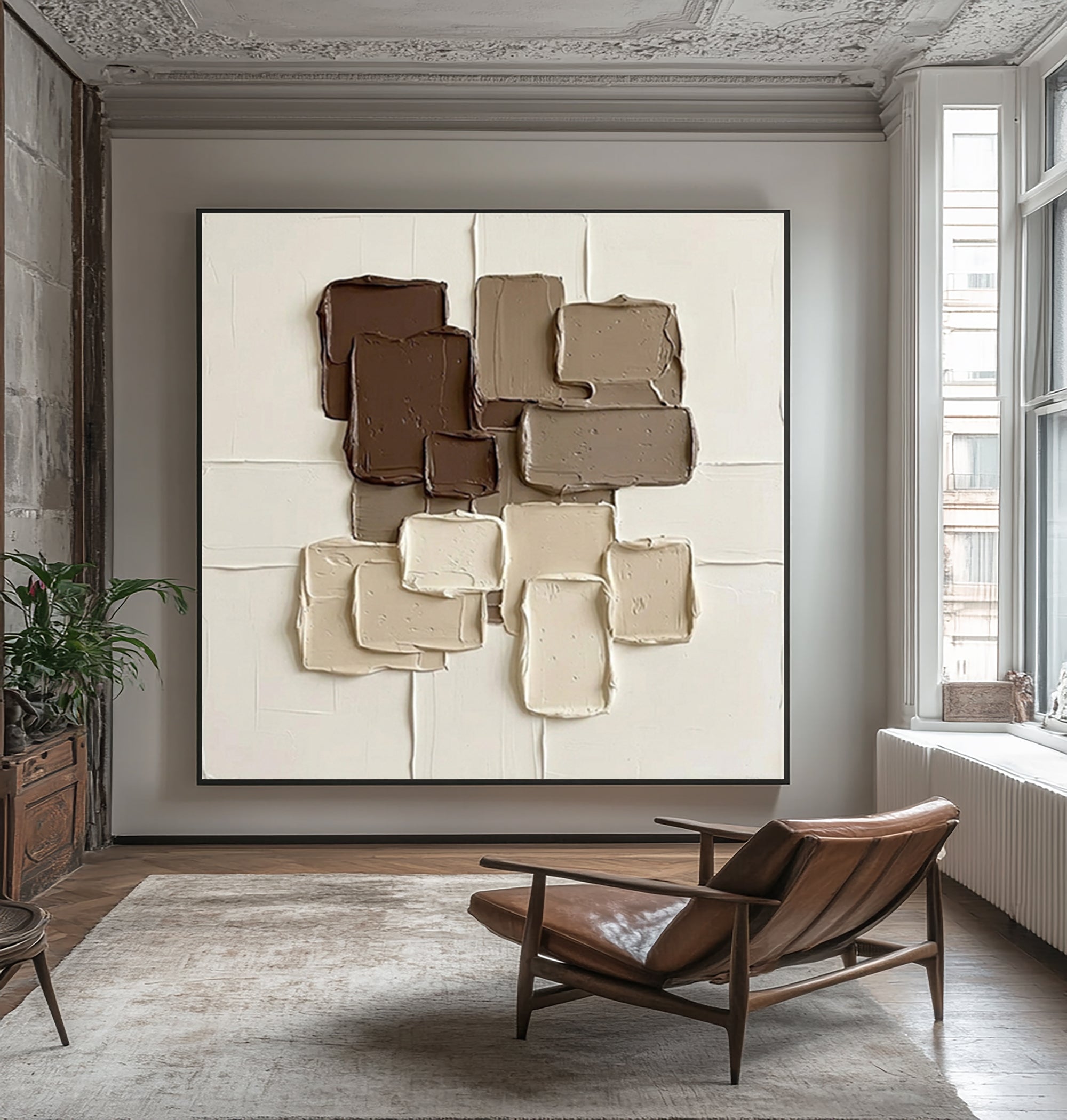 Large Earth Tone Relief Wall Art Neutral Brown Textured Painting