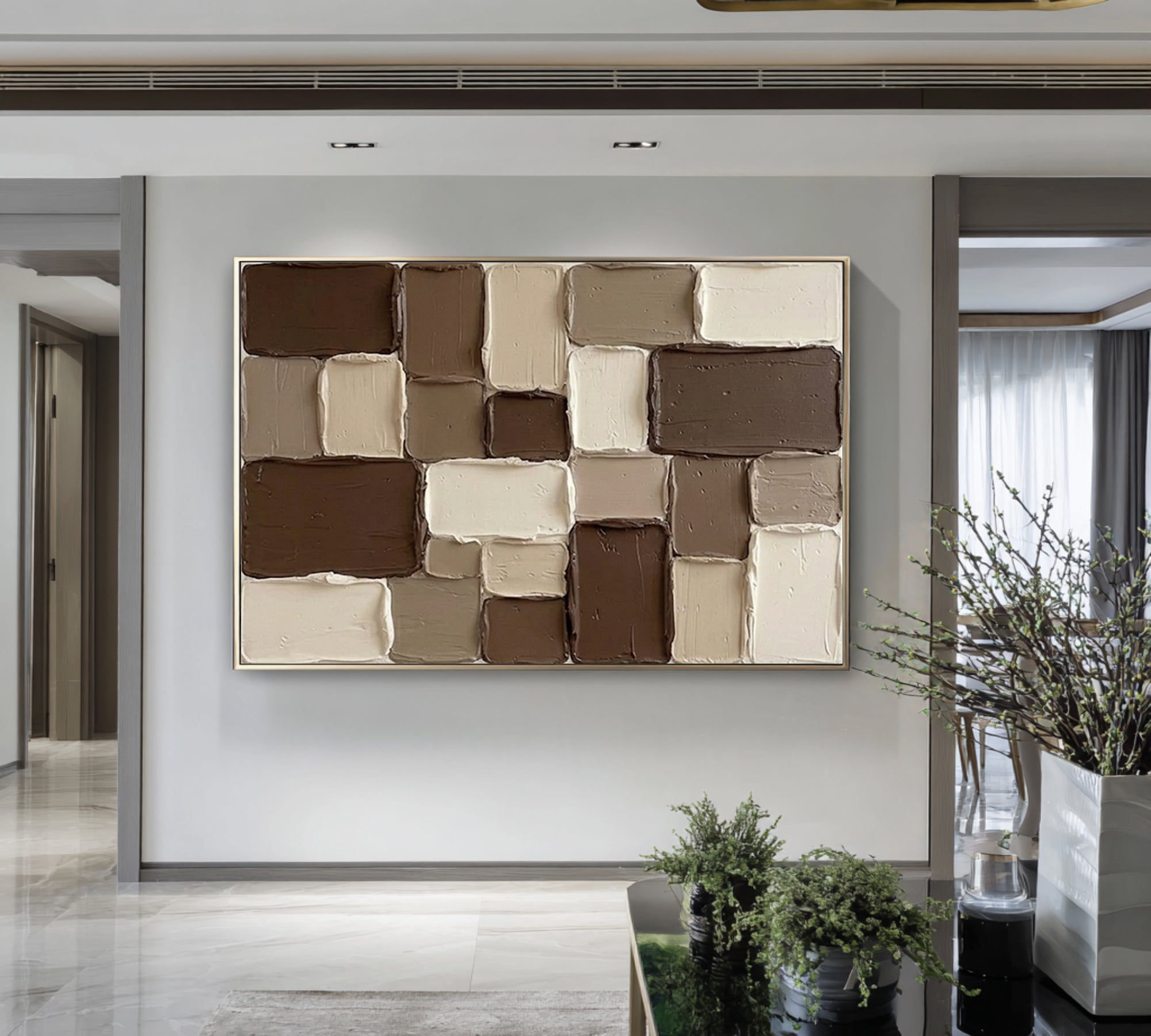Large Geometric Textured Canvas Art Neutral Brown Abstract Painting | ArtvistaGallery