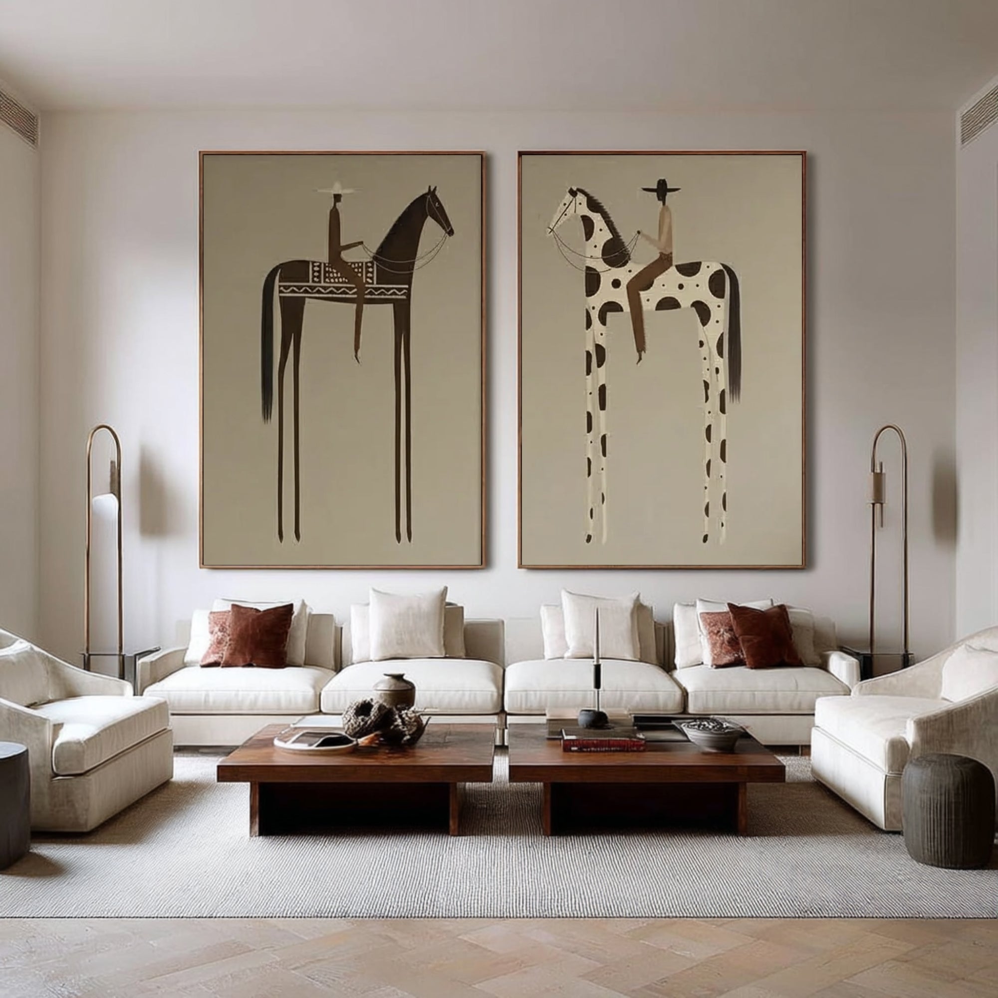Large Minimalist Horse Rider Diptych Wall Art Contemporary Neutral Canvas Set 