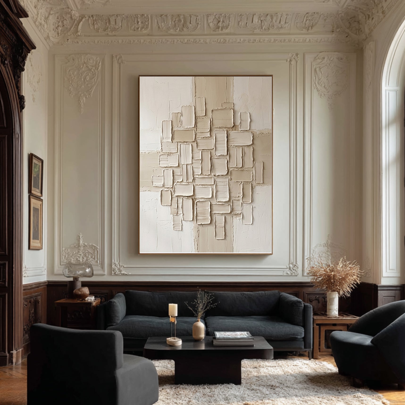 Large Contemporary Beige Texture Canvas Art with Sculptural Relief Design