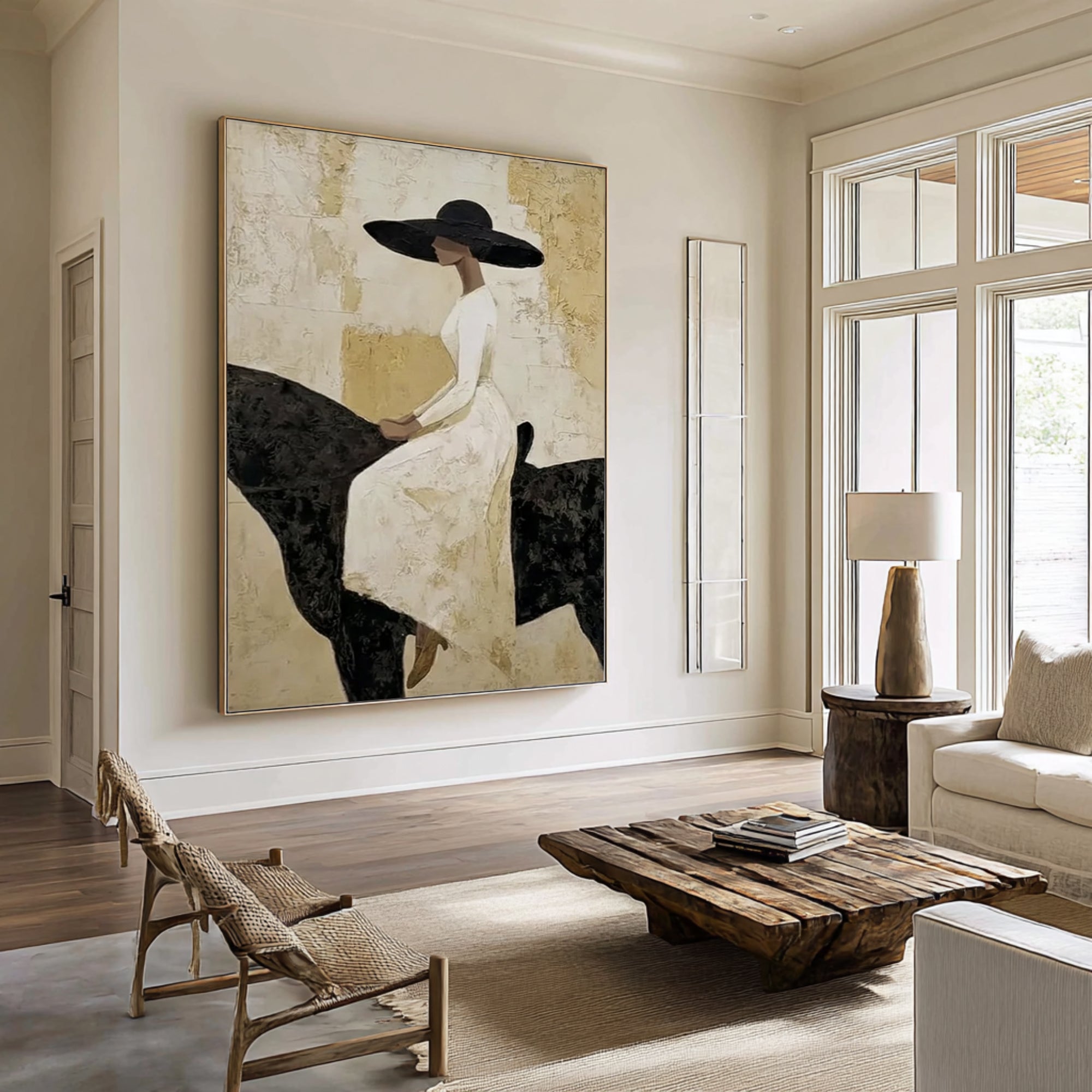 Luxury Woman on Black Horse Painting Elegant Neutral Wall Art