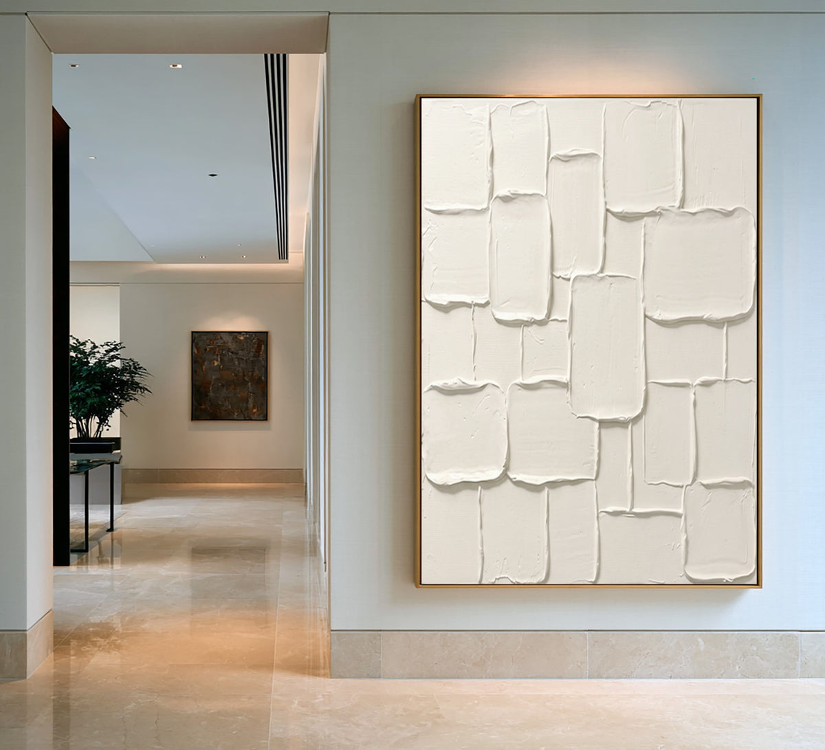 Large Modern Rounded Sculptural Relief Wall Art Ivory Cream Abstract Oil Painting Organic Rectangular Shapes Thick Impasto Texture Minimalist Luxury Interior Decor
