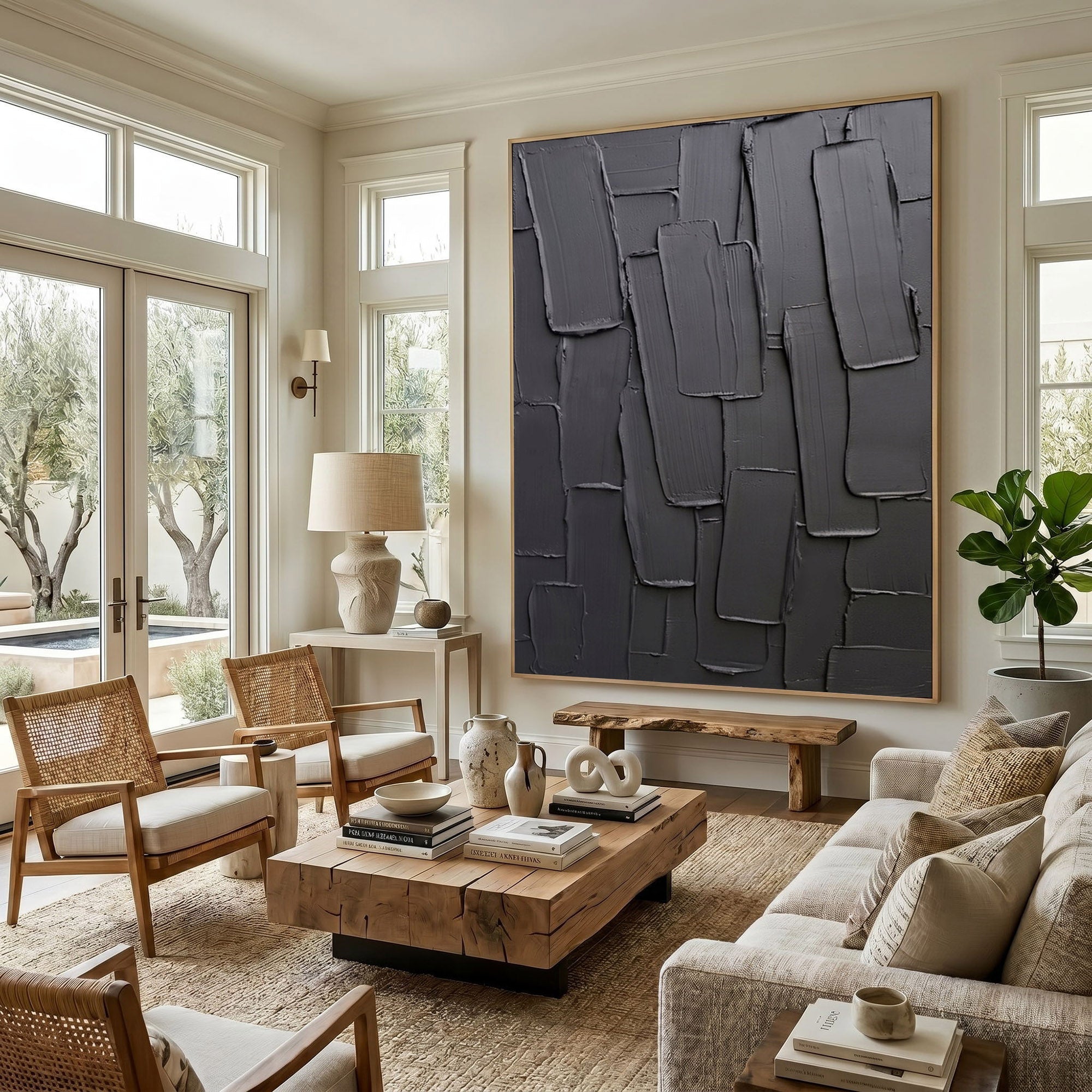 Large Black Textured Wall Art Modern Abstract Oil Painting Impasto Layered Minimalist Contemporary Decor