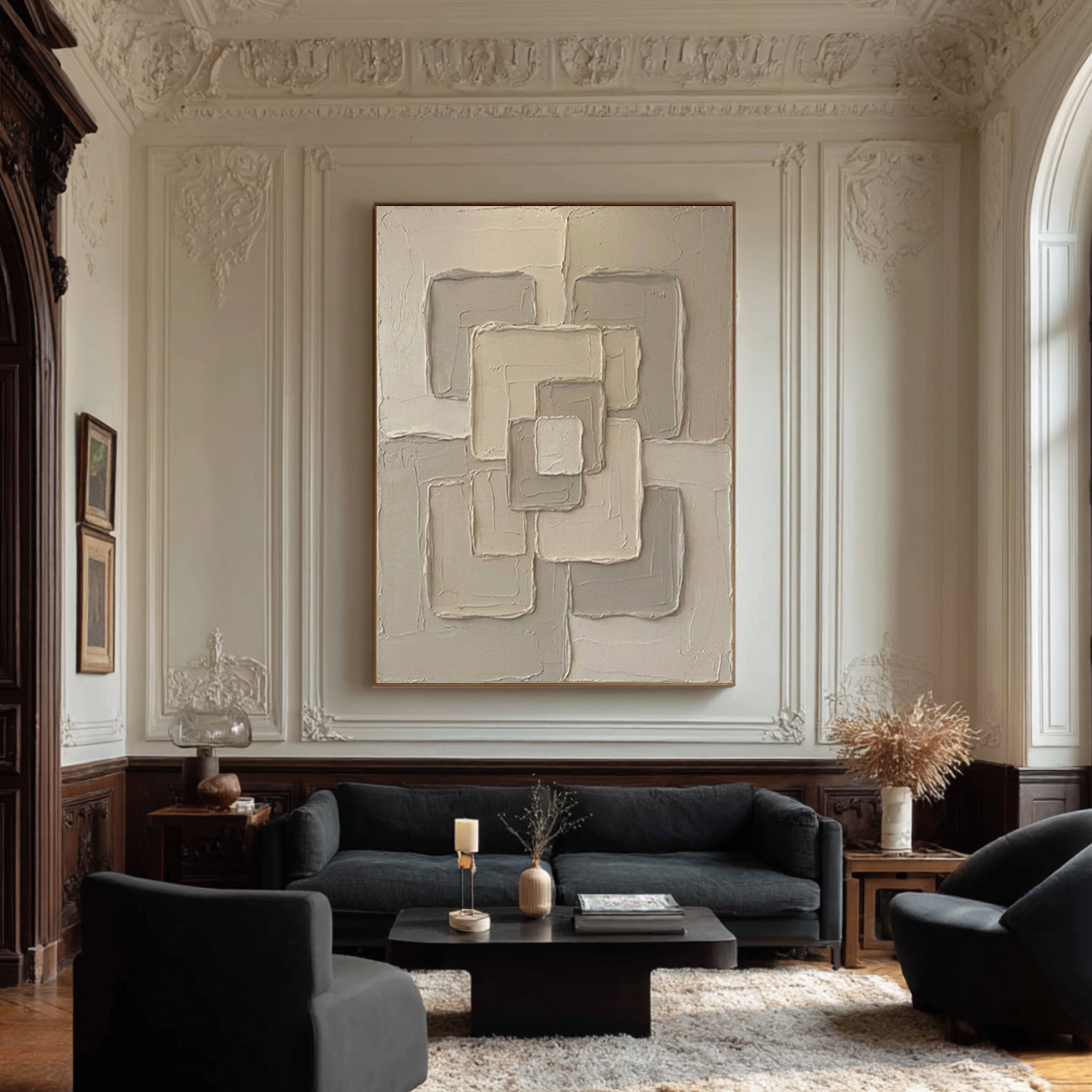 Large Neutral Interlocking Geometric Wall Art Textured Abstract Canvas 