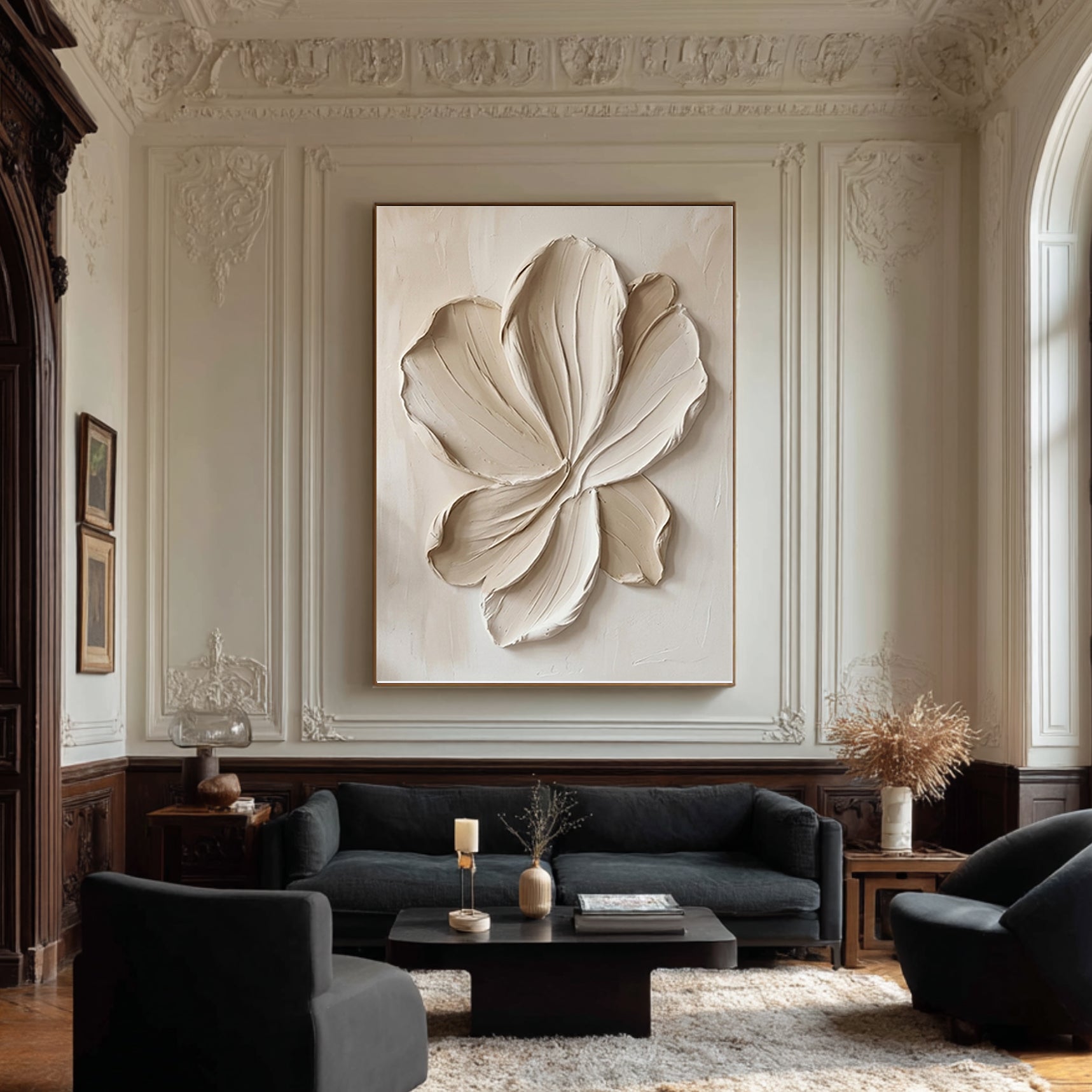Large Neutral Floral Textured Canvas Art Modern Sculptural Petal Wall Decor 