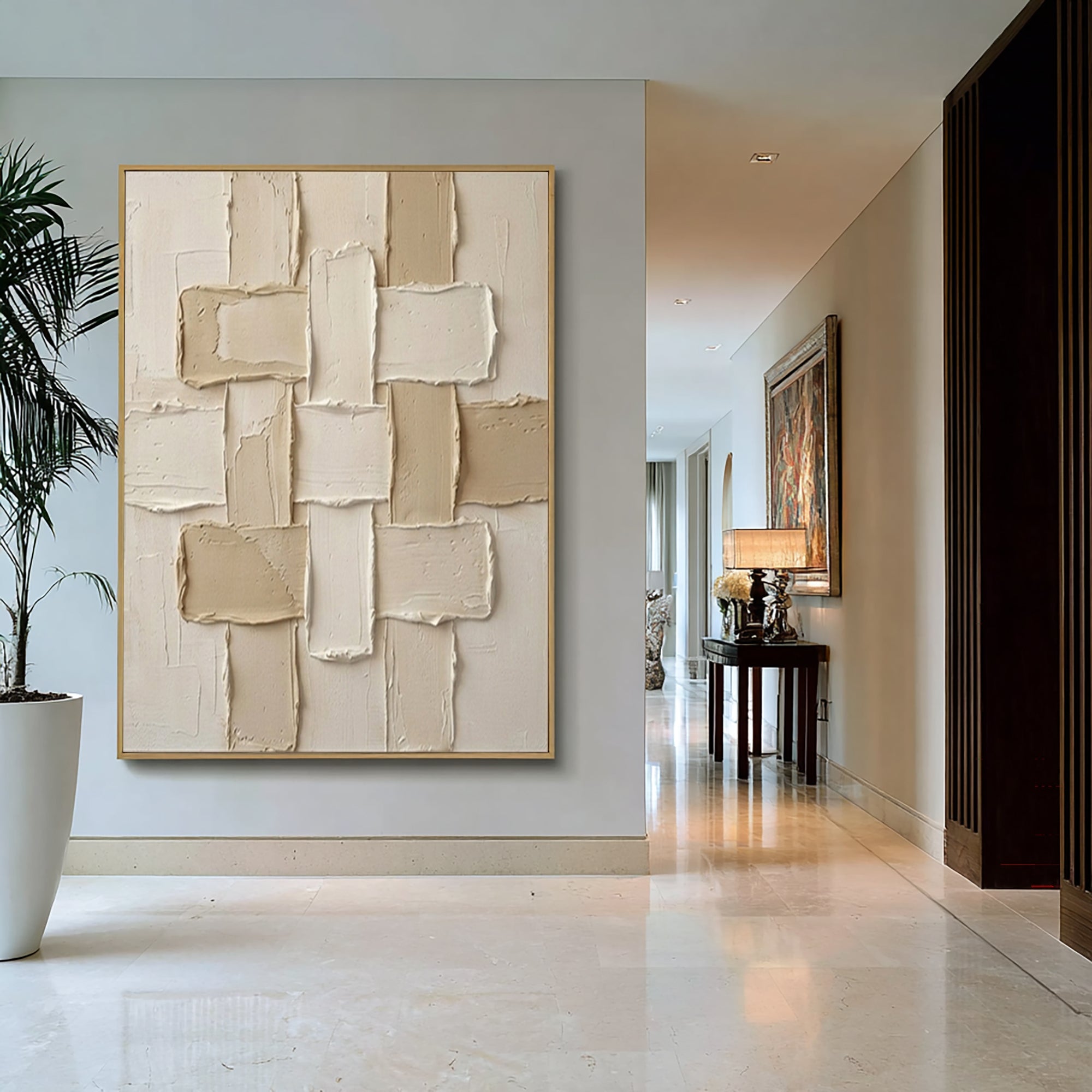 Large Neutral Interlocking Textured Canvas Art Modern Geometric Wall Decor 