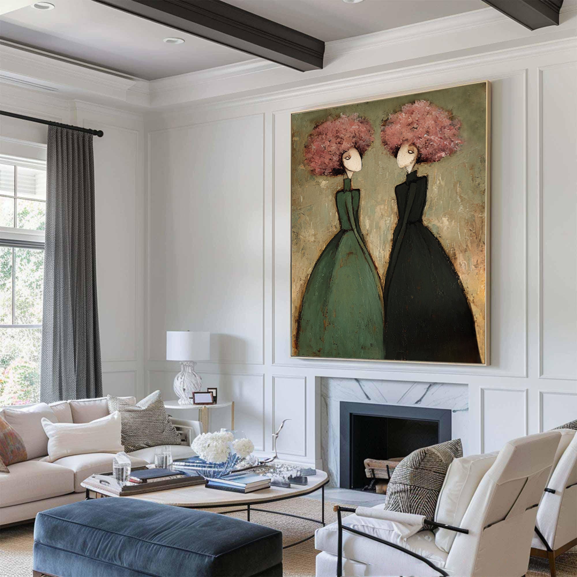 Large Contemporary Portrait Oil Painting – Modern Green and Pink Canvas Wall Art #WAB 035