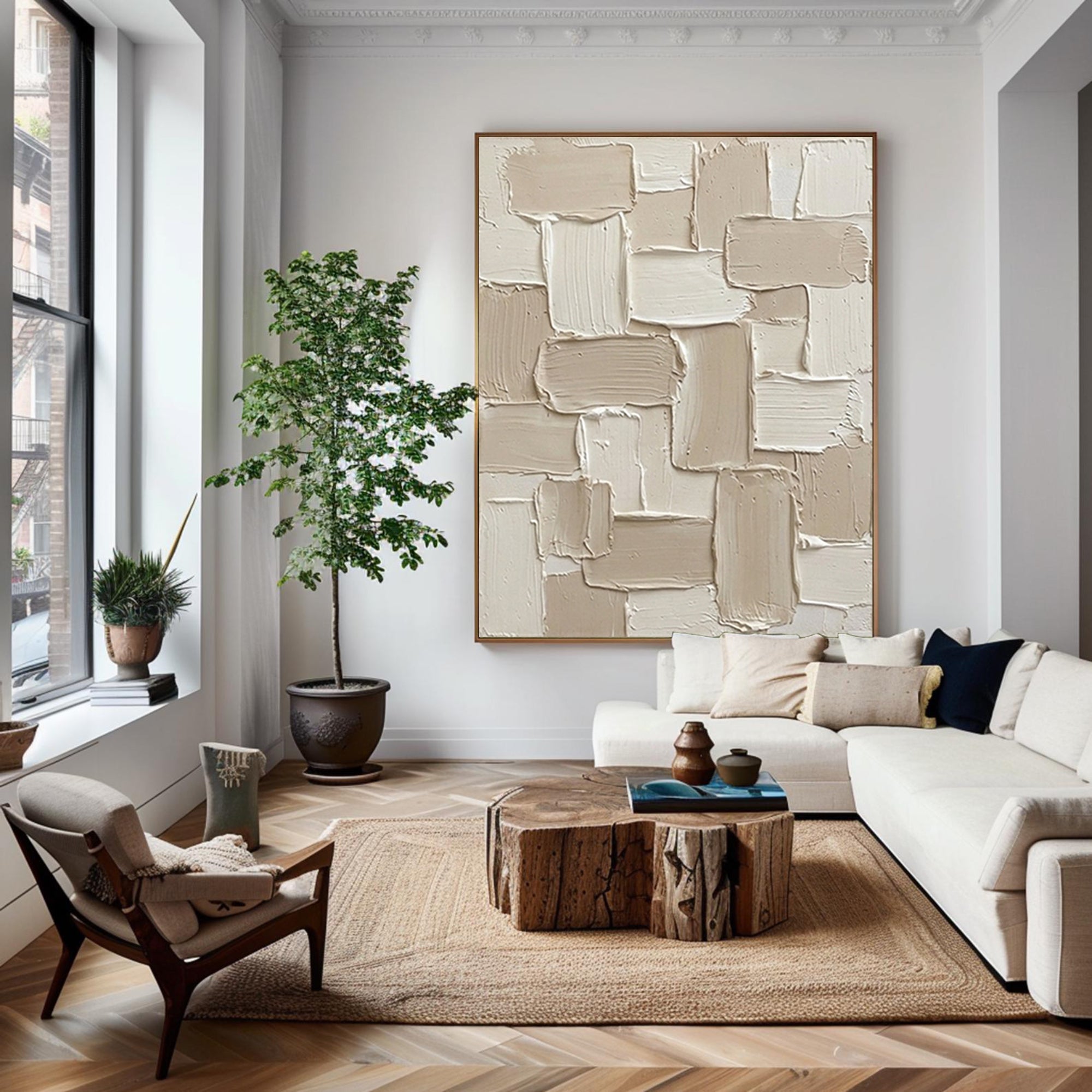 Large Neutral Textured Wall Art | Hand-Painted Geometric Abstract Canvas 