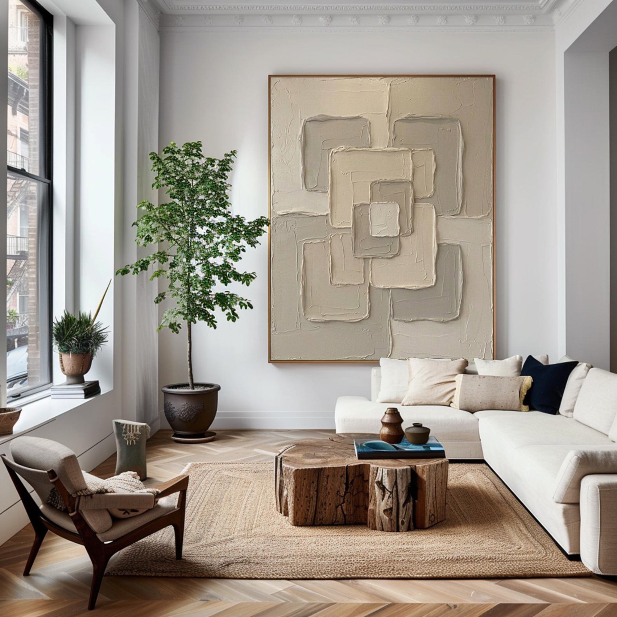 Large Neutral Interlocking Geometric Wall Art Textured Abstract Canvas 