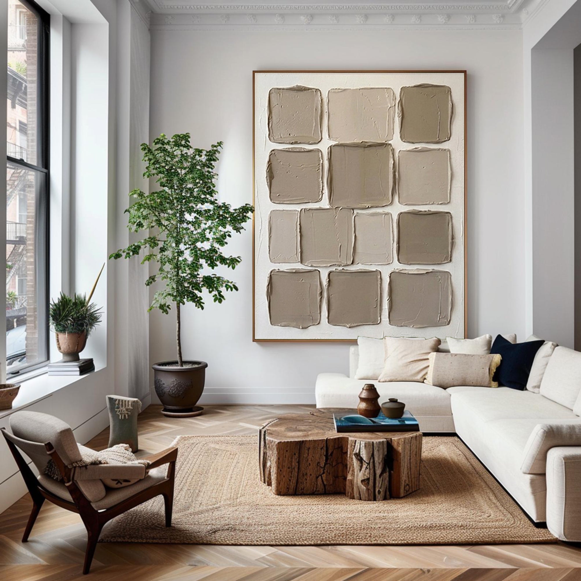 Large Neutral Textured Wall Art Minimalist Geometric Canvas Painting