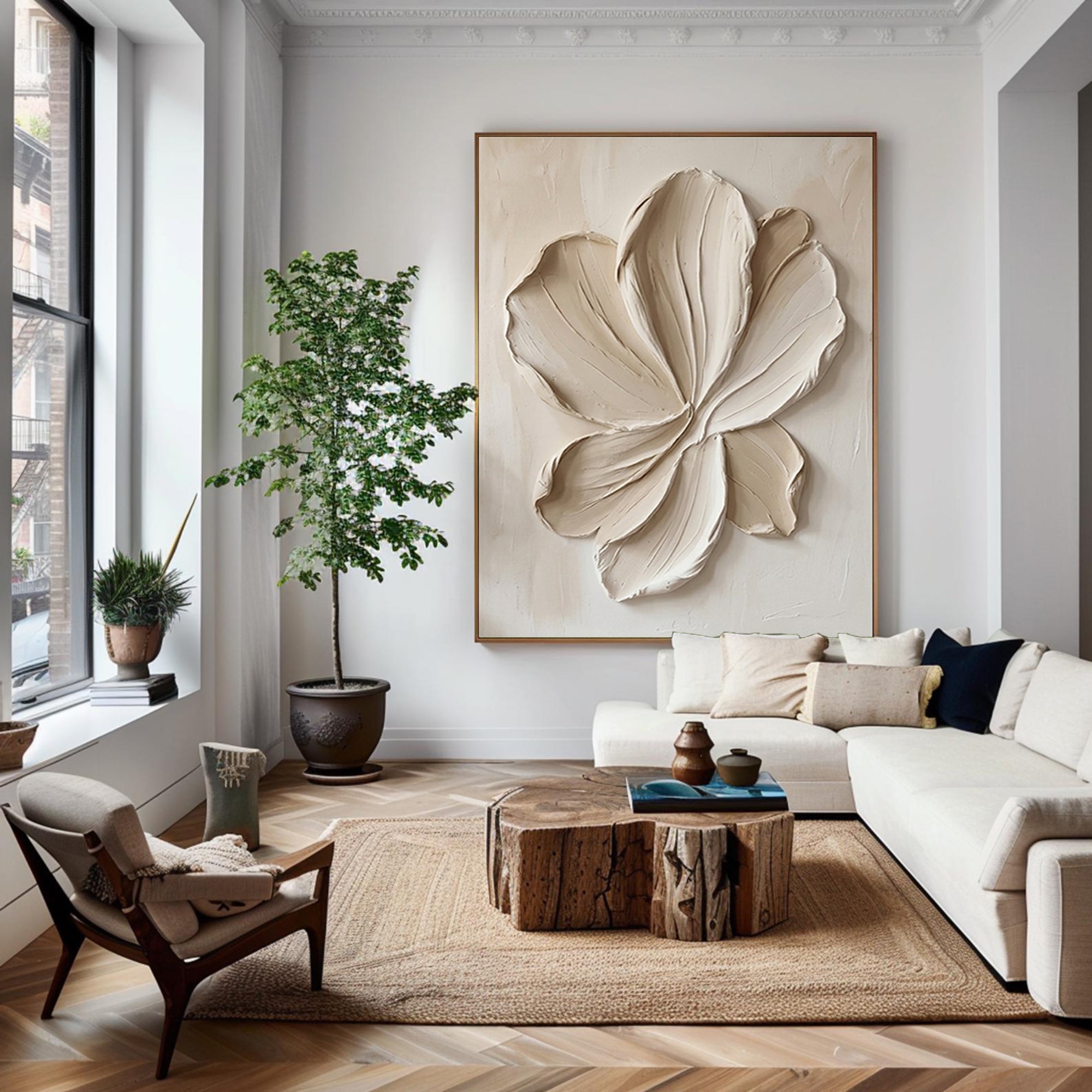 Large Neutral Floral Textured Canvas Art Modern Sculptural Petal Wall Decor 