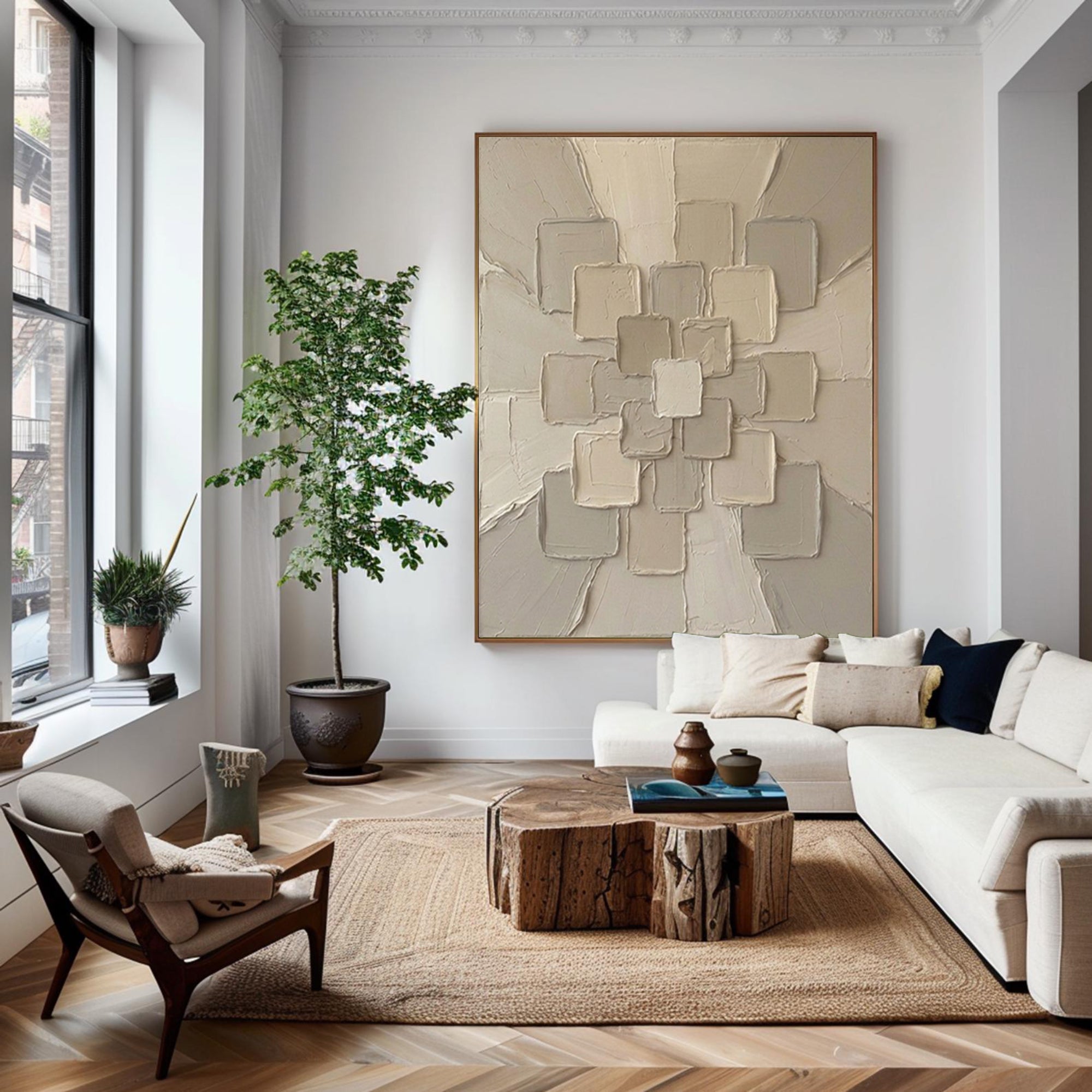 Large Neutral Geometric Texture Wall Art Modern Abstract Canvas Decor