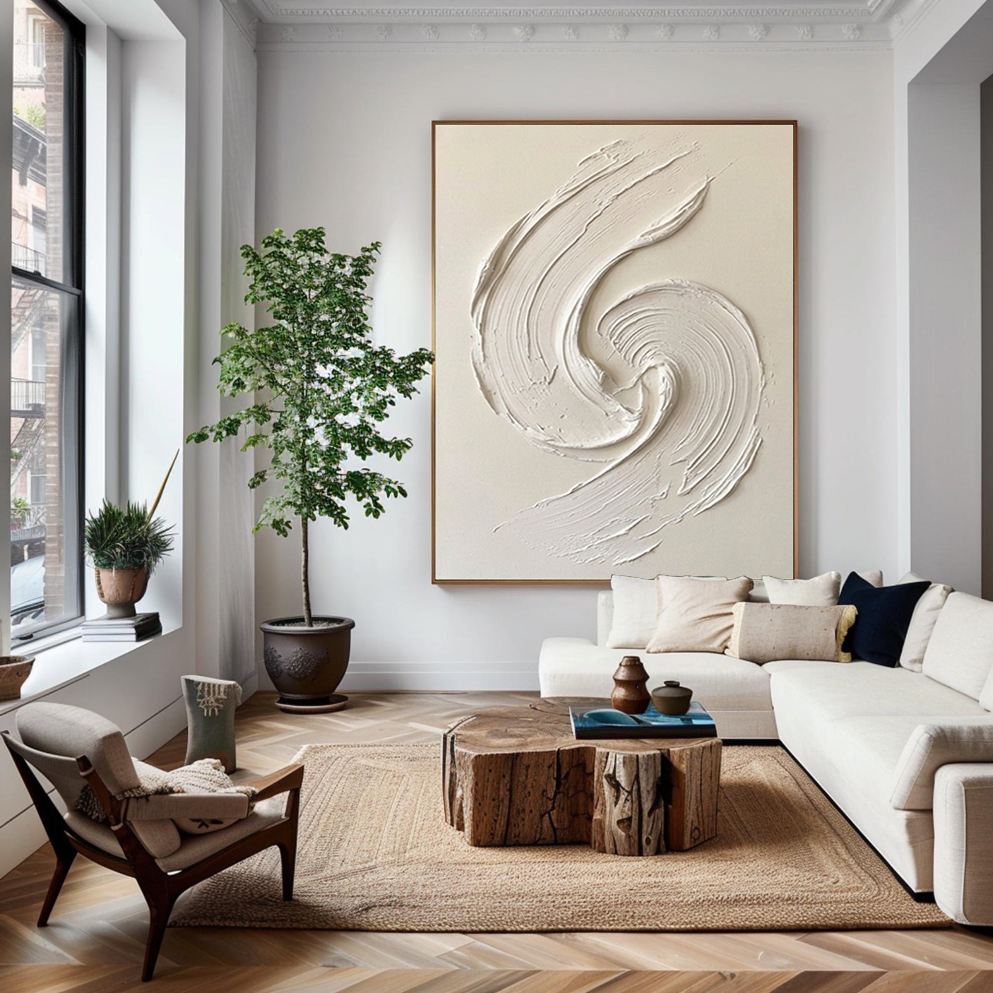 Large Contemporary White Texture Painting Dynamic Palette Knife Art