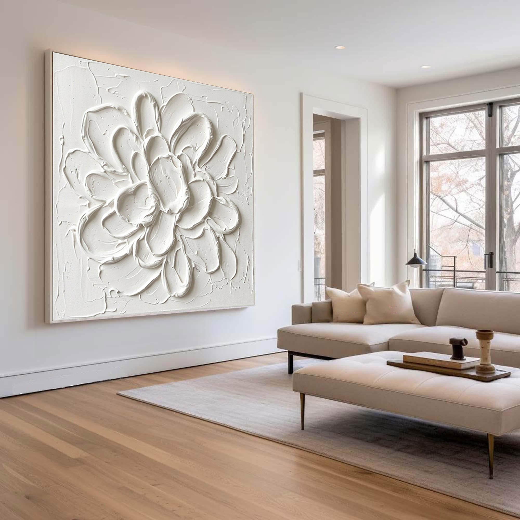 Large Blooming Relief Texture Canvas Art Contemporary Neutral Wall Decor