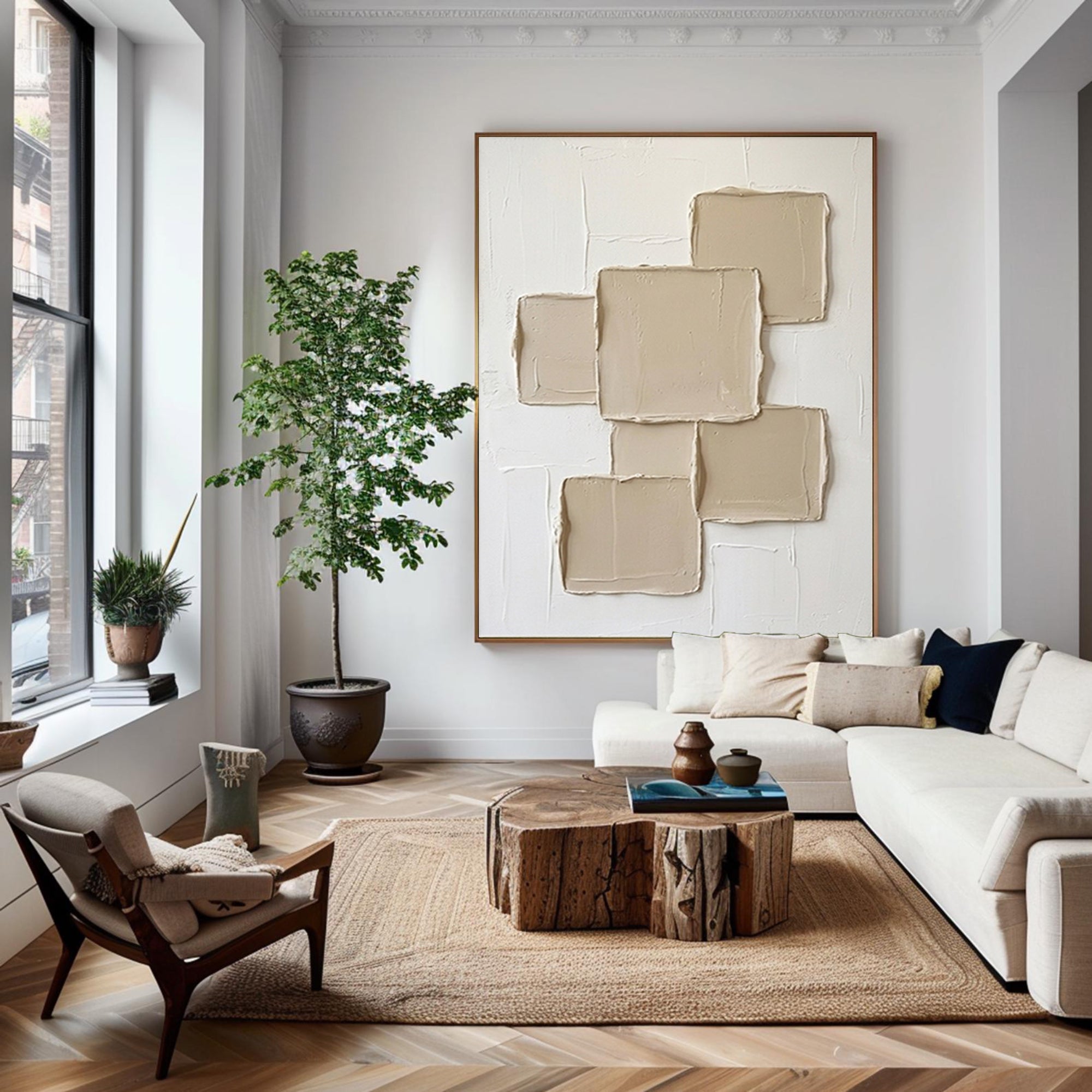 Large Geometric Textured Canvas Art Neutral Abstract Wall Decor
