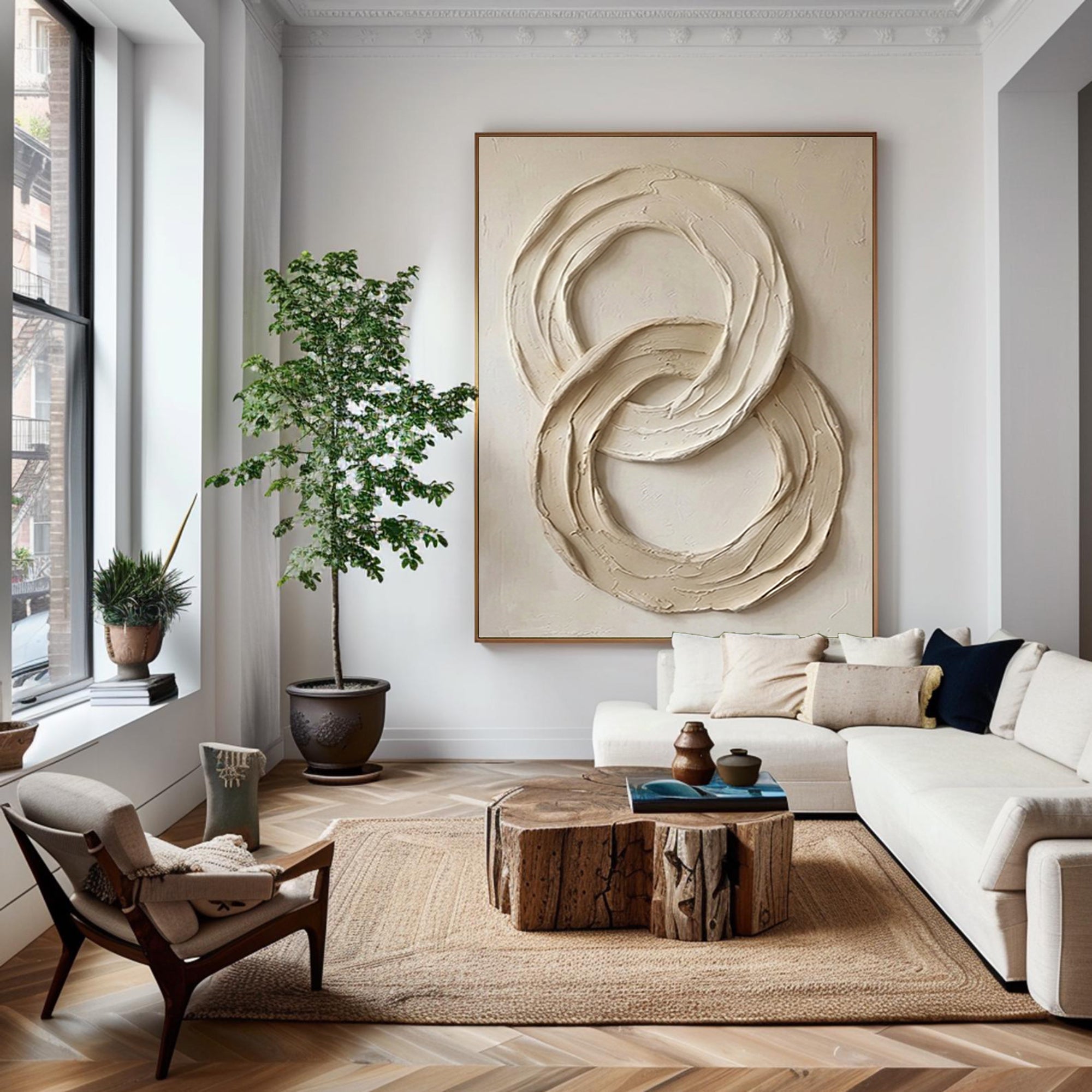 Large Neutral Abstract Circle Texture Wall Art | Hand-Painted Minimalist Canvas