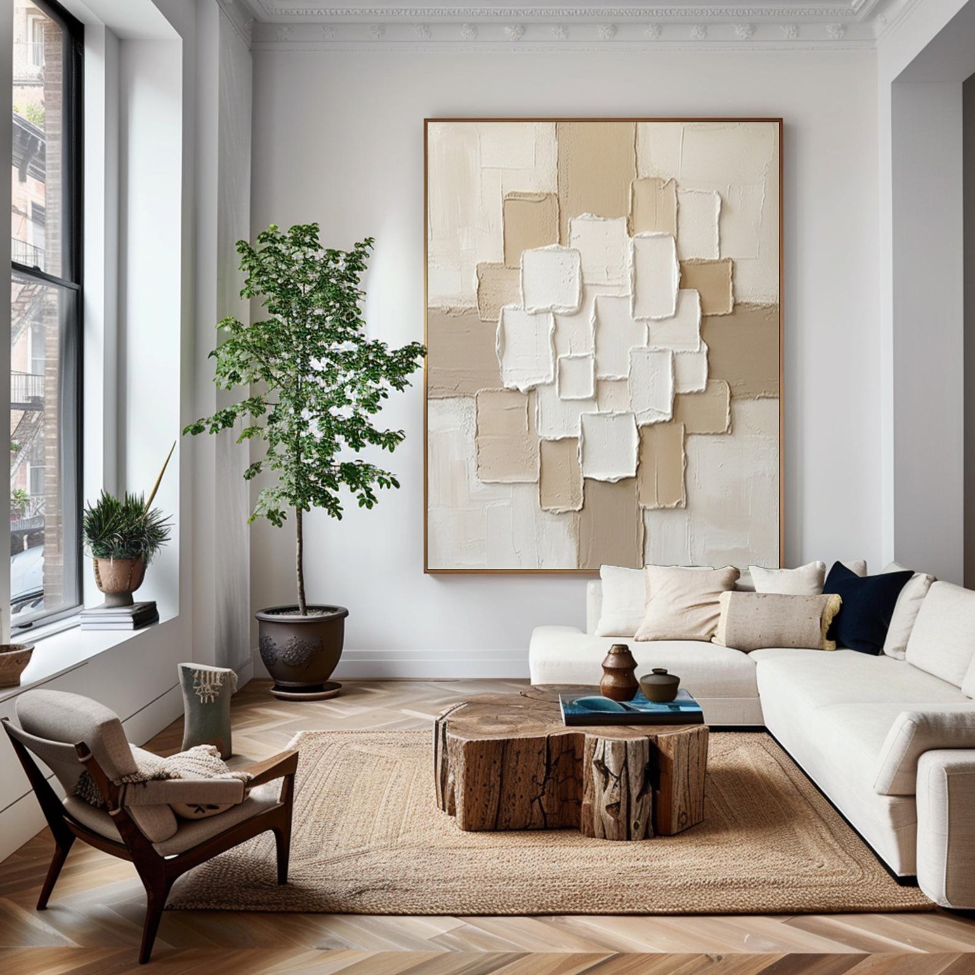 Large Neutral Geometric Matrix Canvas Art Modern Textured Wall Decor 