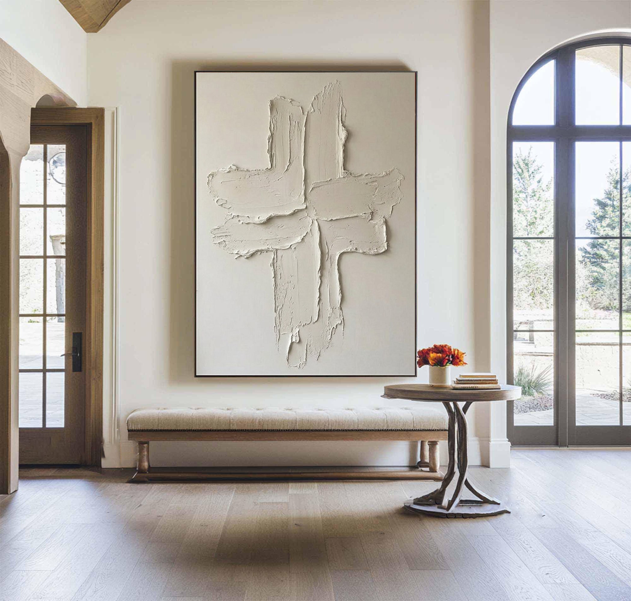 Large Minimalist Cross Texture Oil Painting for Modern Neutral Interiors
