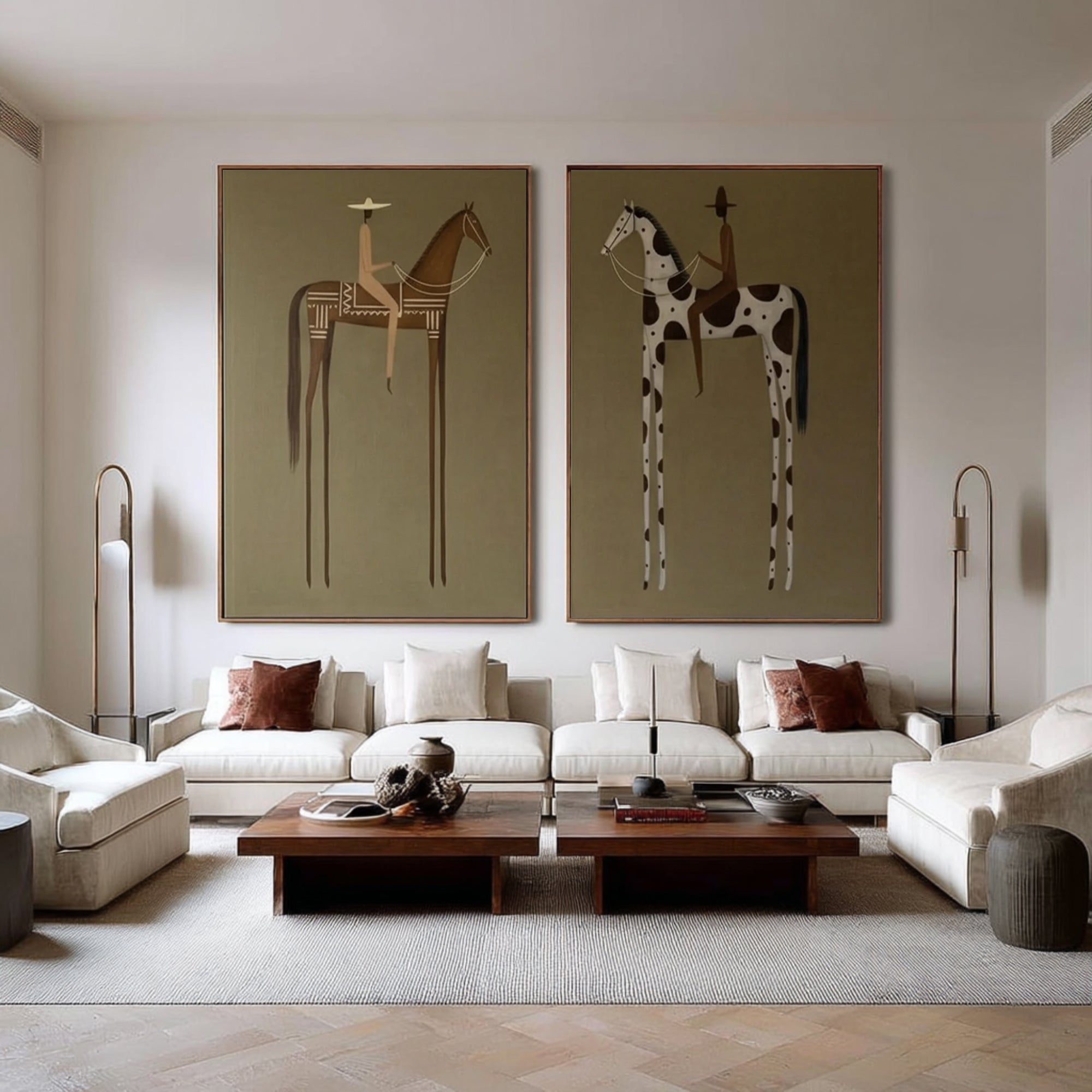 Large Contemporary Horse Rider Diptych Wall Art Minimalist Equestrian Canvas Set
