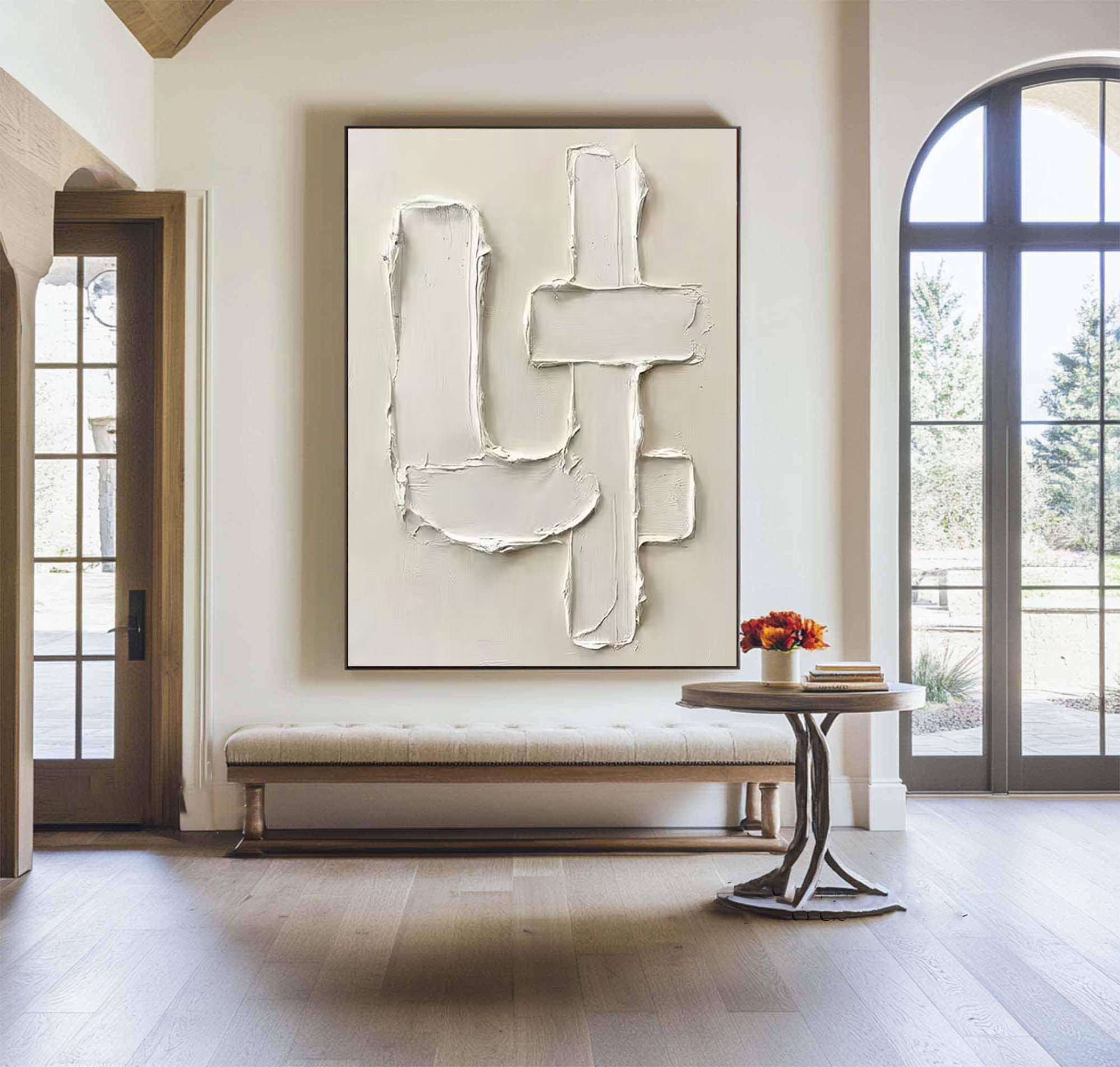 Large Neutral Relief Canvas Art with Modern Geometric Texture Design