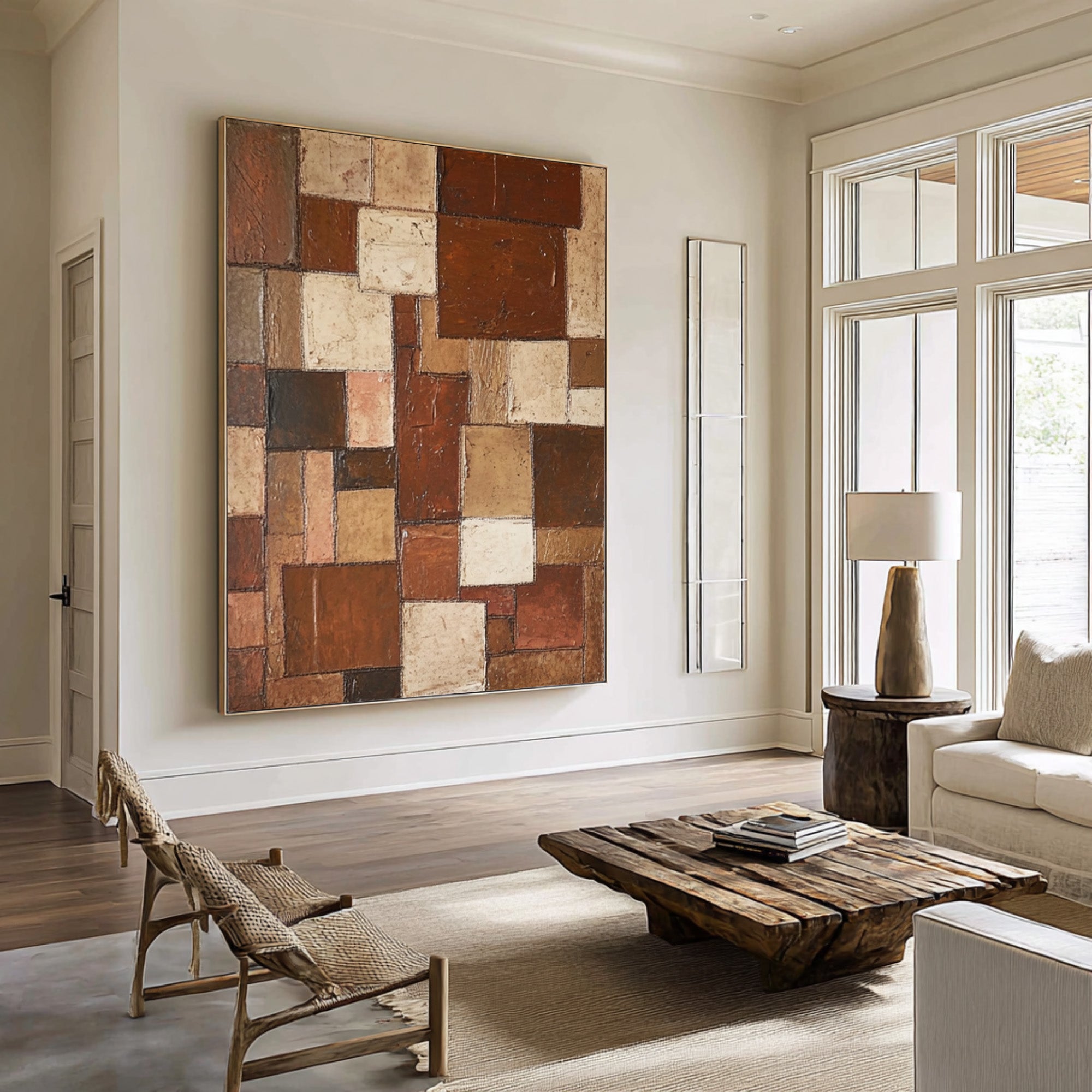 Large Abstract Oil Painting, Earth Tone Geometric Wall Art, Vertical Modern Entryway Decor | ArtvistaGallery #WGA 003