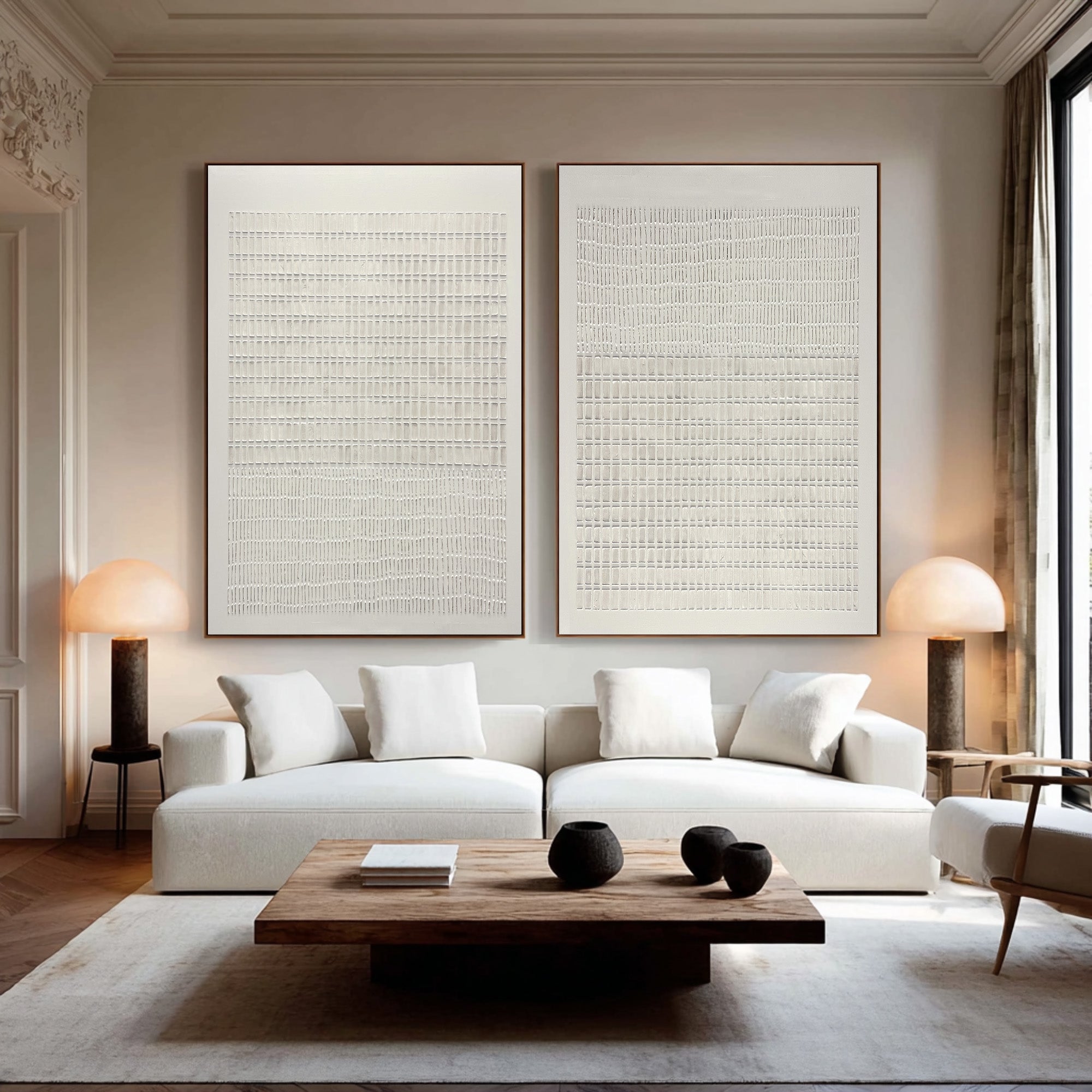 Large Abstract Oil Painting Beige Textured Grid Art Set, Minimal Wall Art for Living Room | ArtvistaGallery #WAB 019 