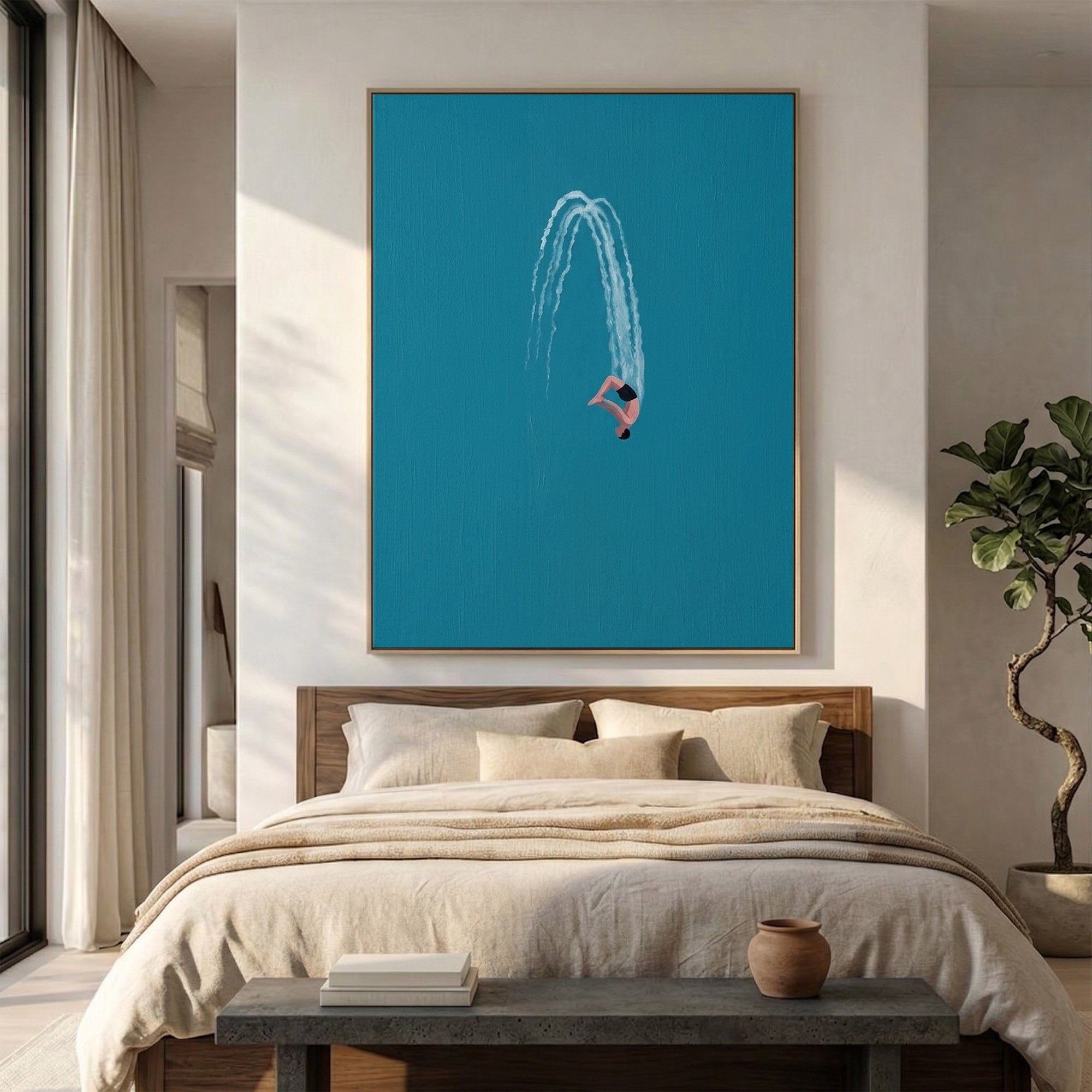 Large Minimalist Diver Wall Art Contemporary Ocean Blue Painting