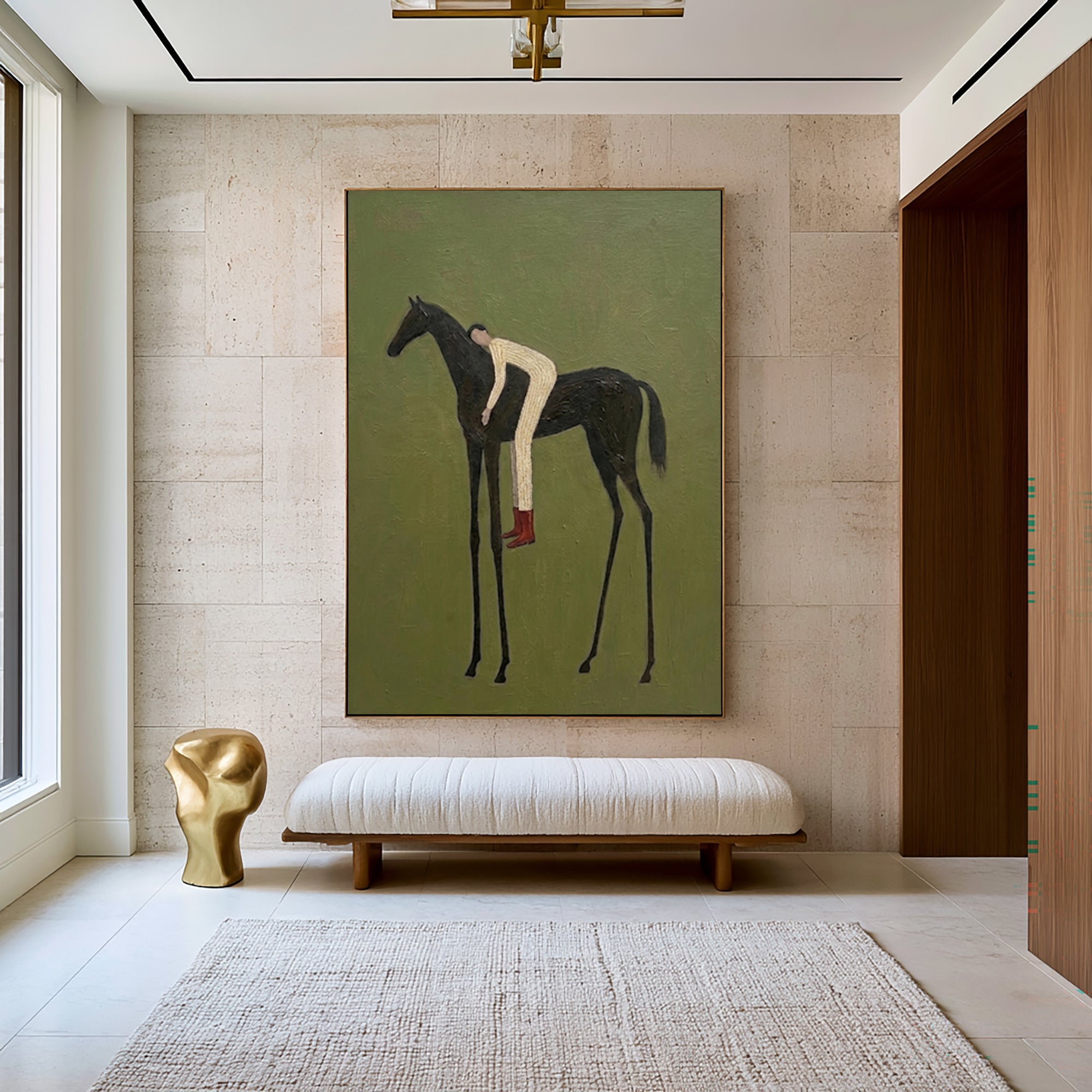 Large Olive Green Equestrian Wall Art Horse Rider Oil Painting Cowboy Cowgirl Inspired Western Americana Artwork Modern Home Decor