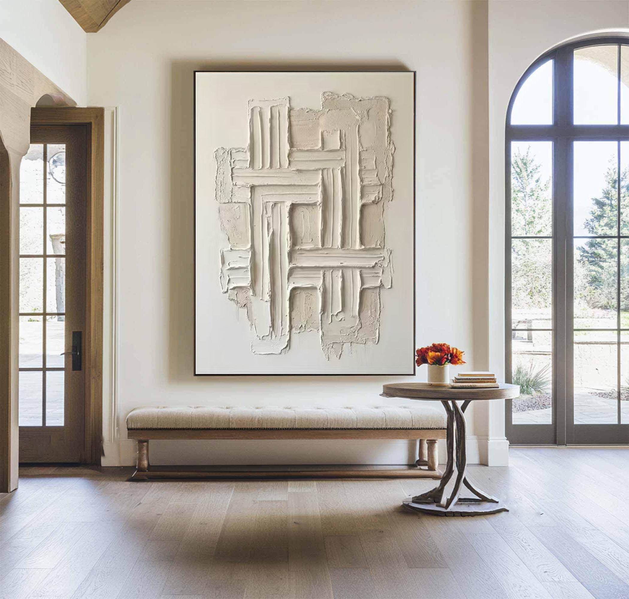 Large Hand Painted Neutral Oil Painting with Textured Geometric Wall Art Design