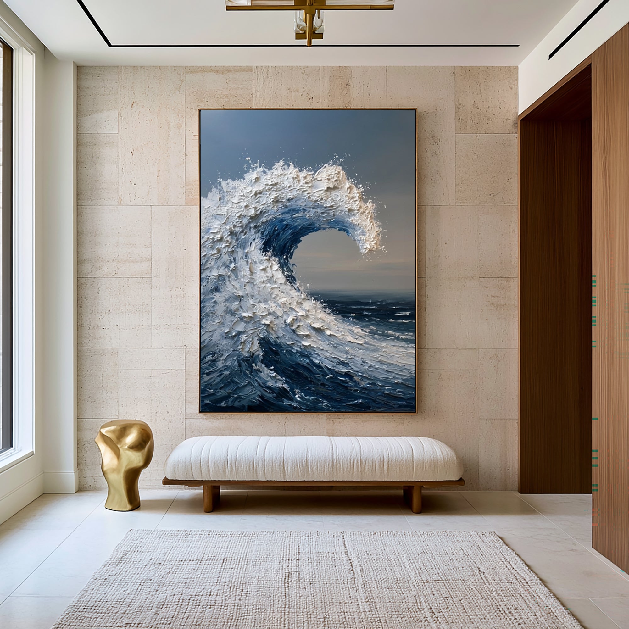 Large Ocean Wave Wall Art Textured Oil Painting Coastal Seascape Modern Abstract Sea Wave Artwork Contemporary Luxury Home Decor