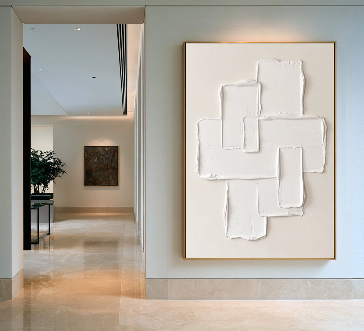 Large Cream Modernist Composition Textured Wall Art Ivory Neutral Abstract Oil Painting Raised Geometric Shapes Sculptural Impasto Minimalist Contemporary Luxury Decor