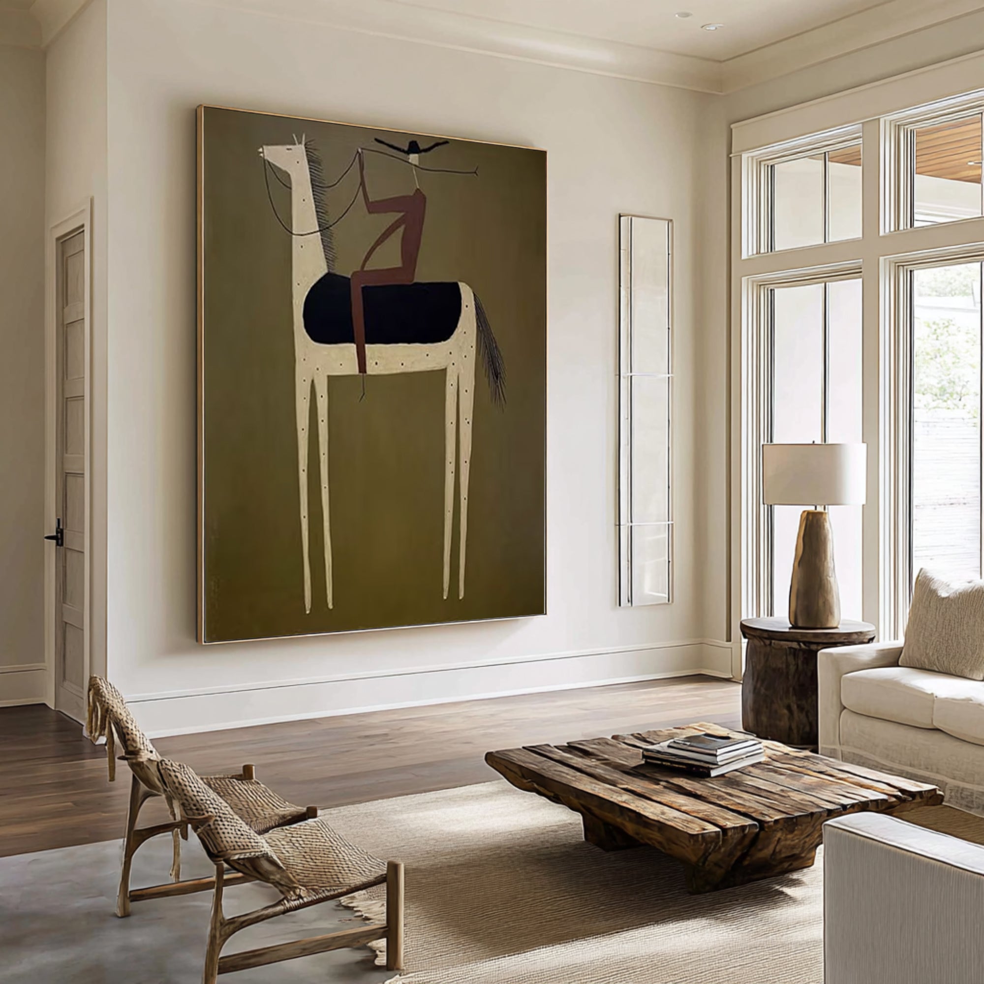 Large Abstract Horse Rider Painting Olive Green Contemporary Wall Art