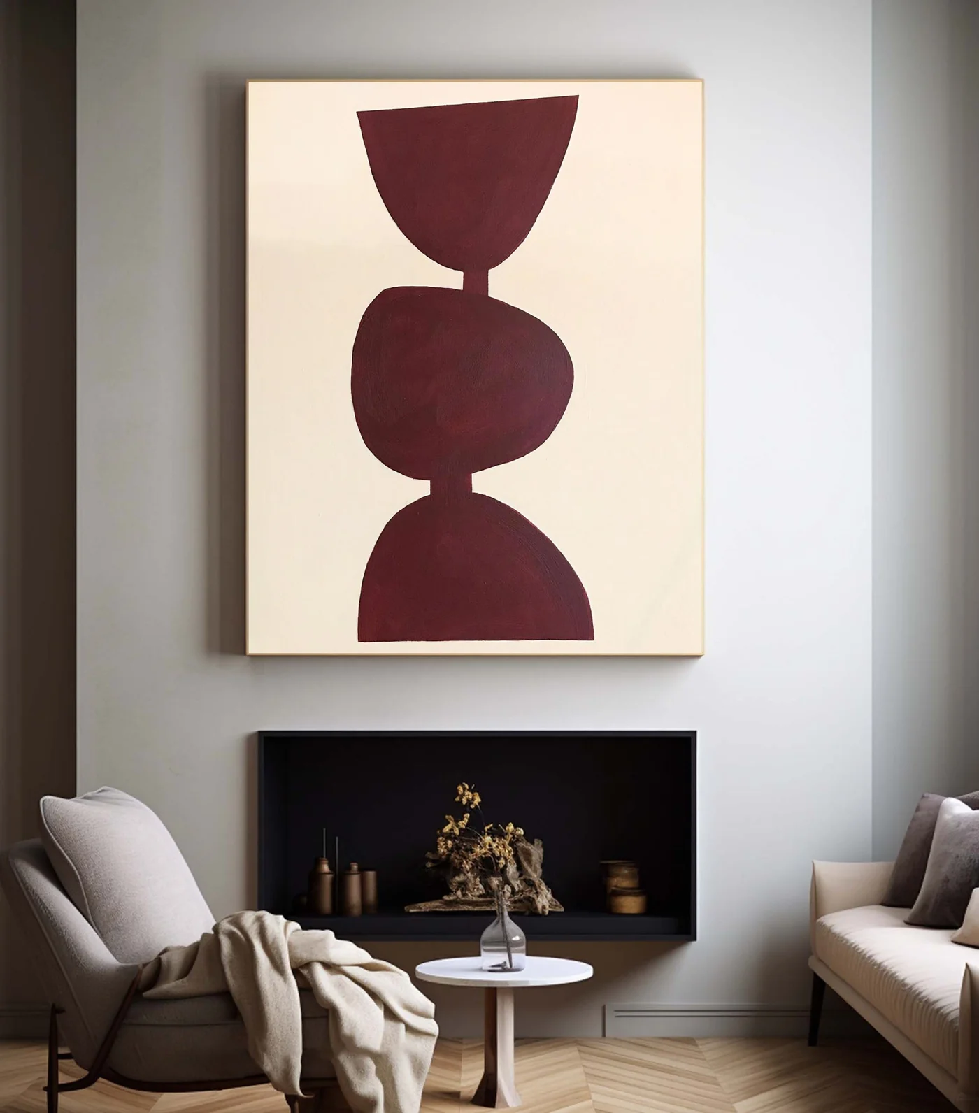 Large Burgundy Abstract Geometric Wall Art Minimalist Canvas Painting
