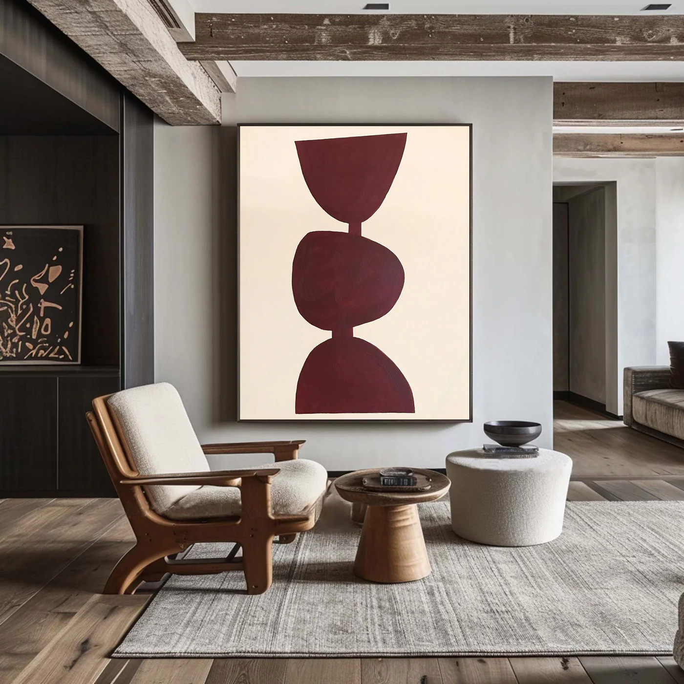 Large Burgundy Abstract Geometric Wall Art Minimalist Canvas Painting