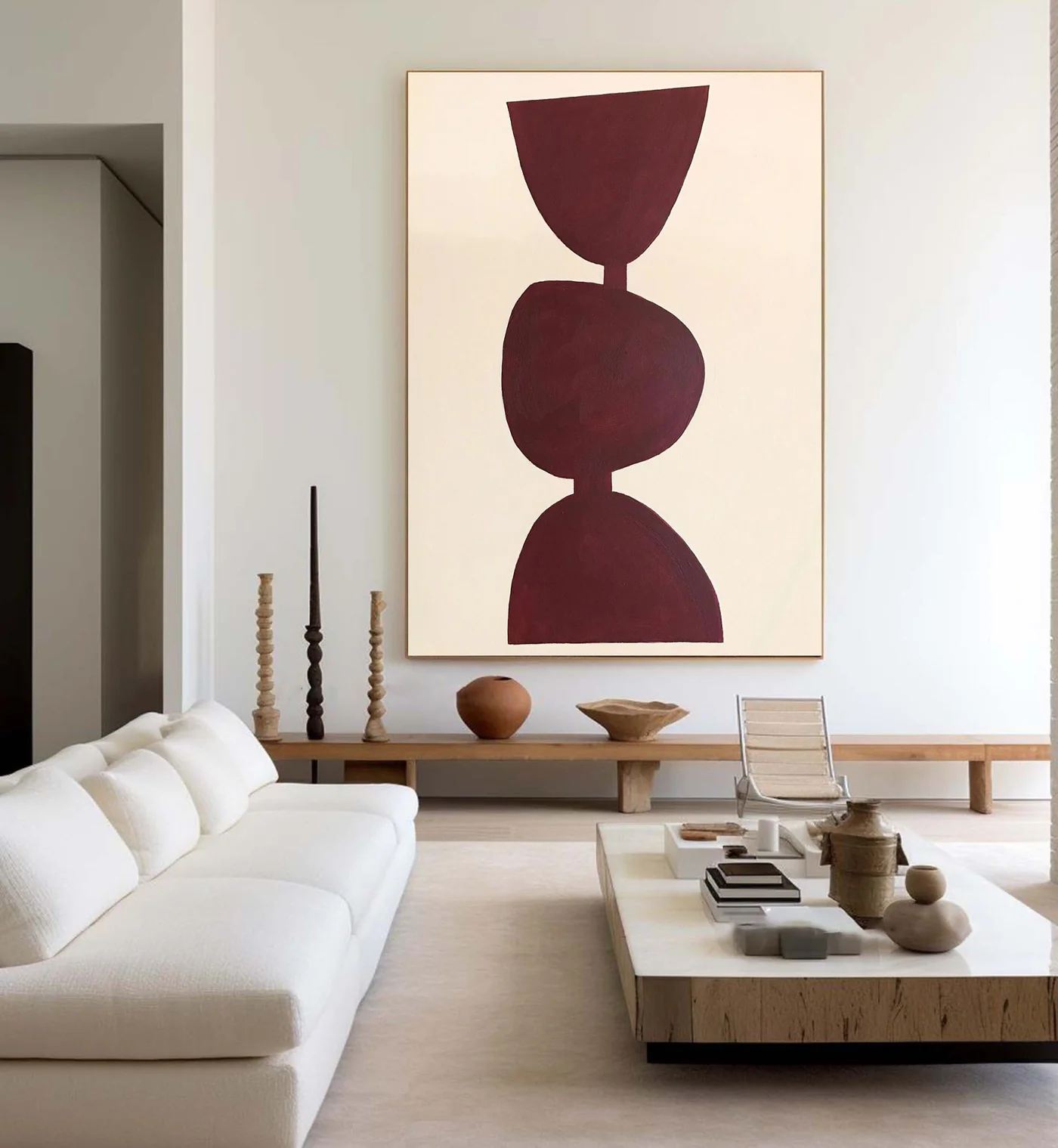 Large Burgundy Abstract Geometric Wall Art Minimalist Canvas Painting