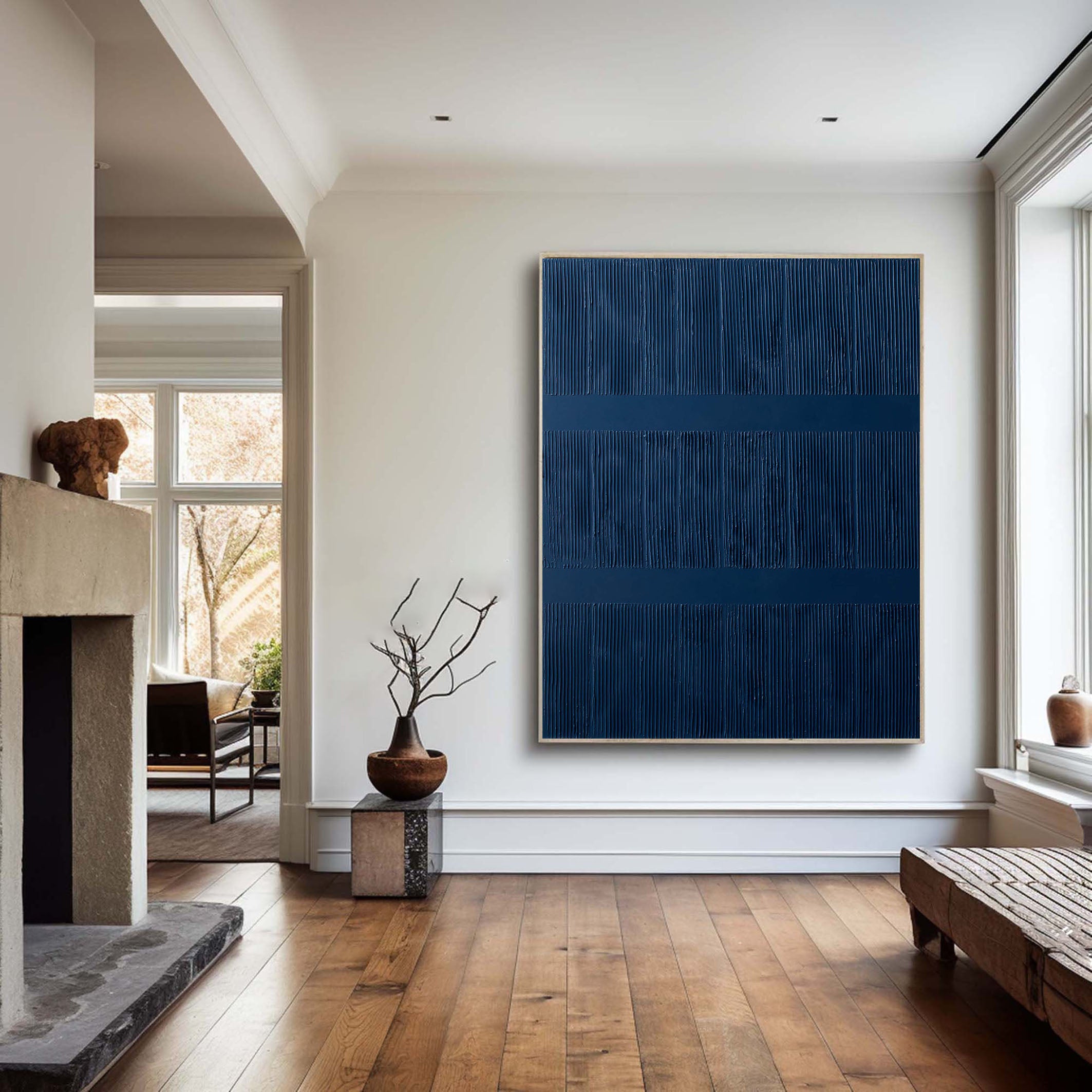 Textured Blue Abstract Minimalist Canvas With Vertical Lines #BGA 040