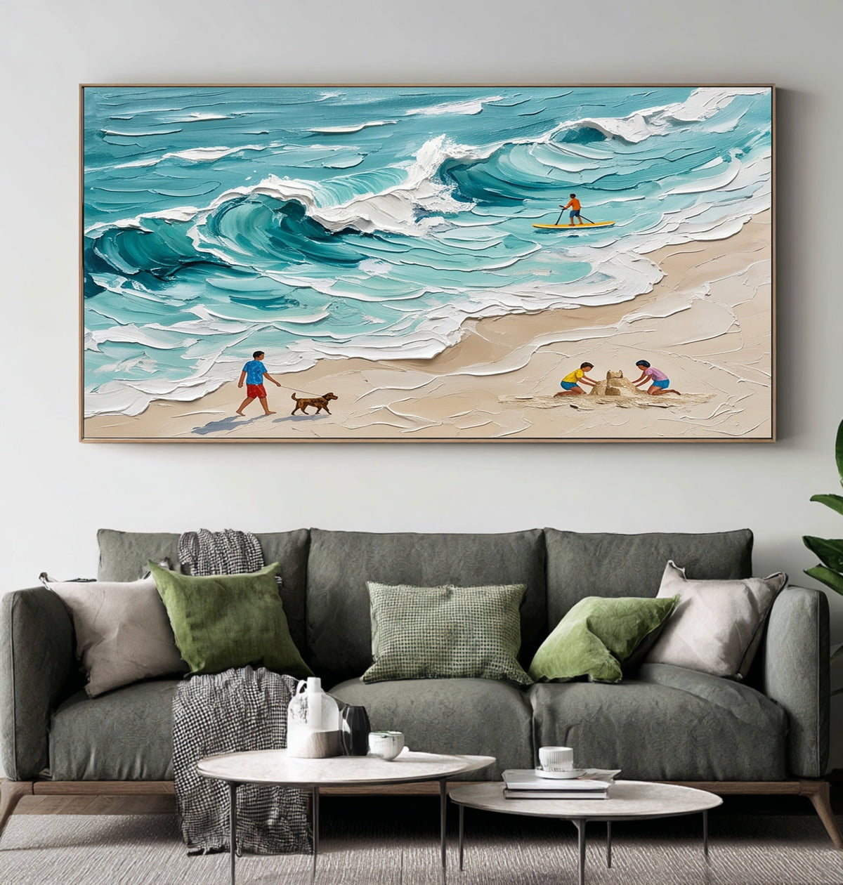 Large Textured Oil Painting Turquoise Ocean Waves Beach Family Coastal Wall Art