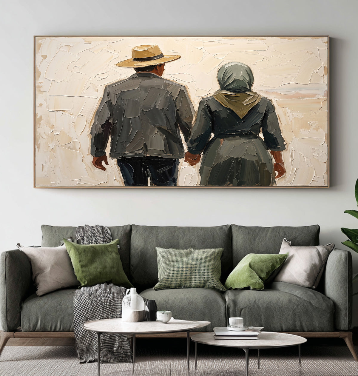 Large Textured Couple Painting Romantic Western Landscape Wall Art