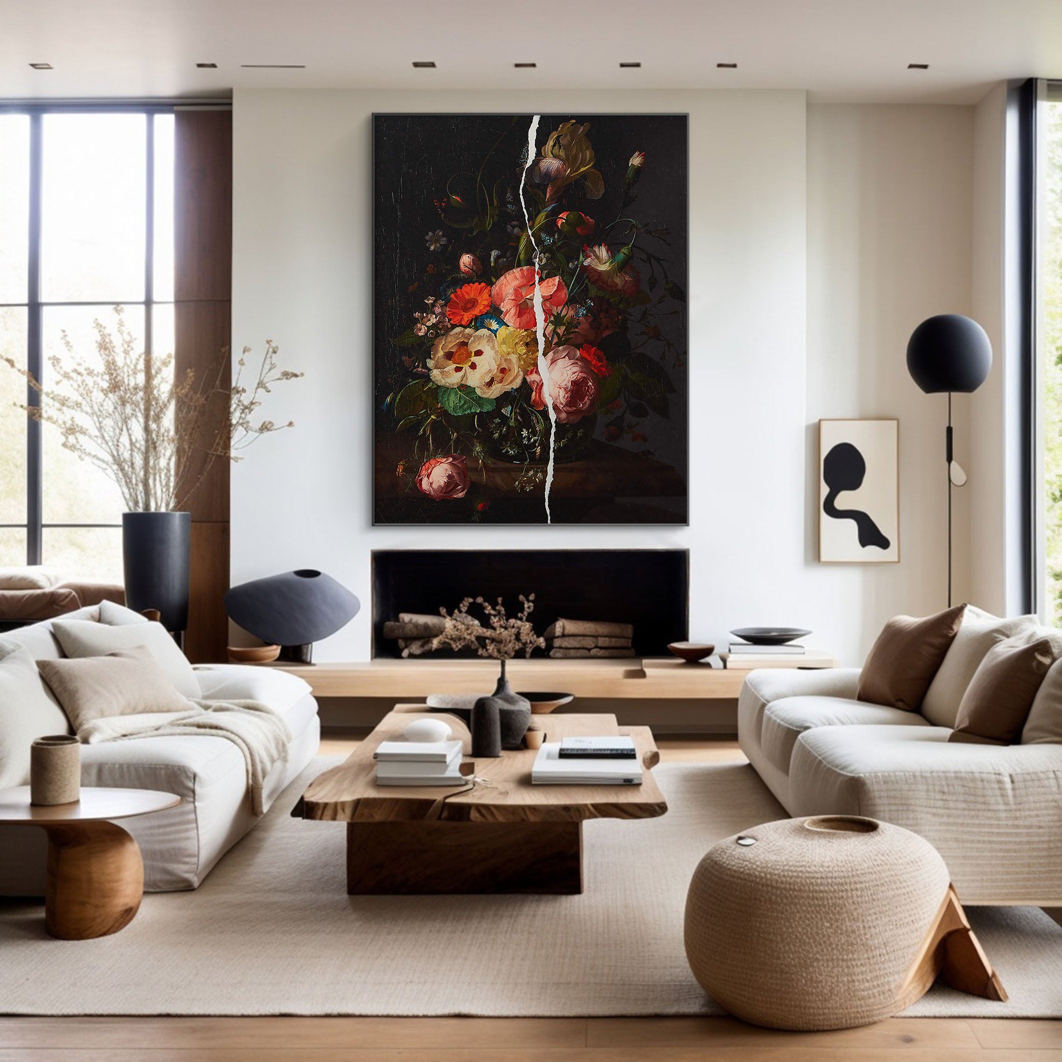 Flowers With White Crack, Large Contemporary Wall Art #BGA 043