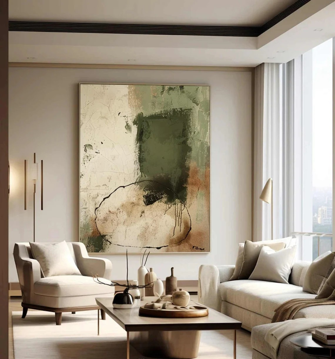 Green & Beige Wabi-Sabi Textured Painting, Contemporary Art #BGA 086